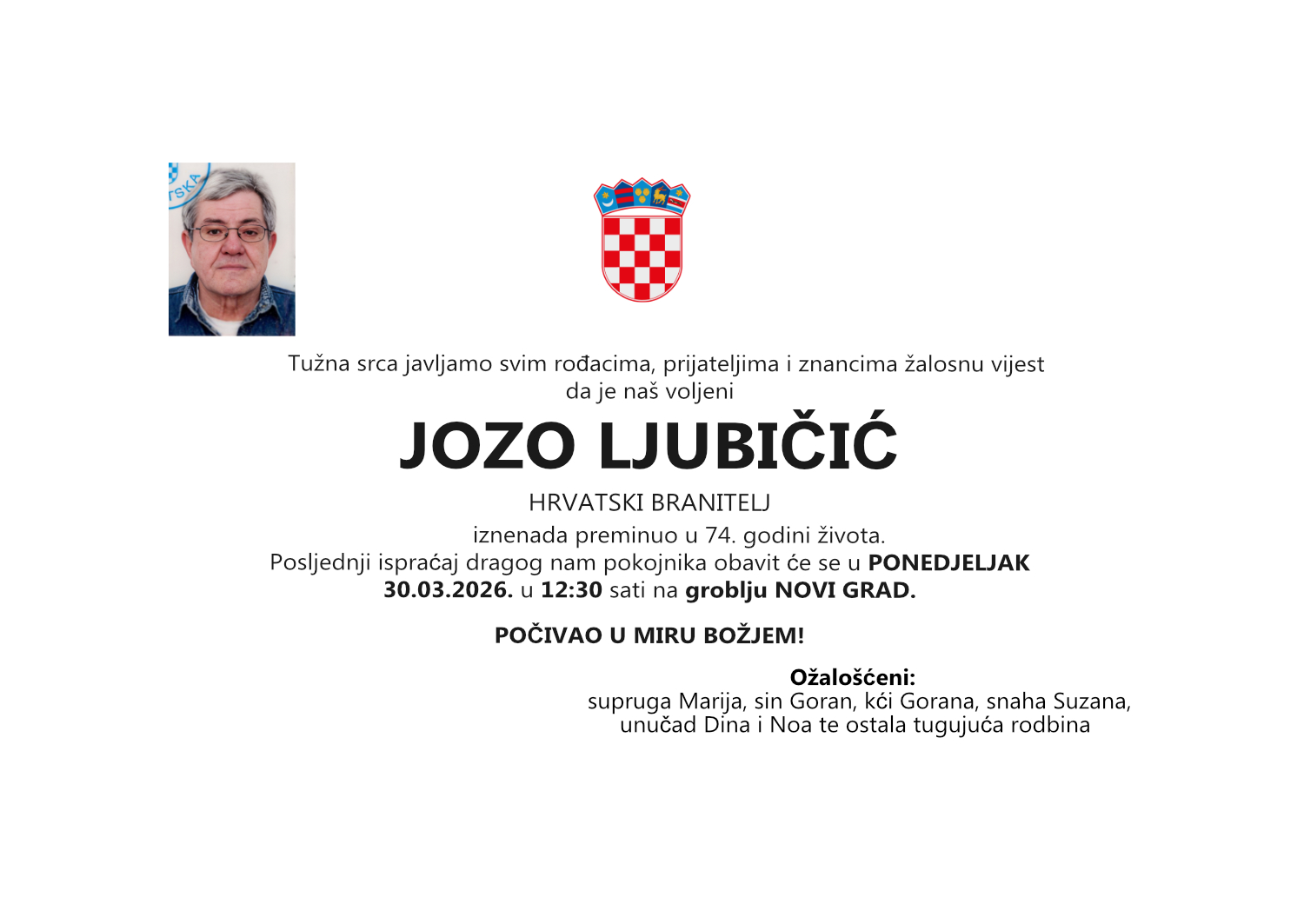 Jozo Ljubičić, ponedjeljak 30.03.2026. u 12:30 sati, groblje Novi grad, Osijek