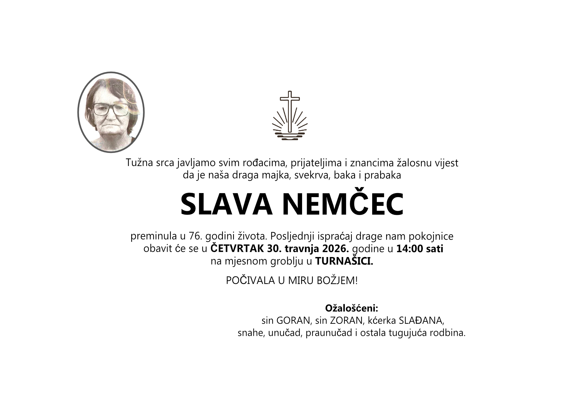 SLAVA NEMČEC, četvrtak 30.04.2026.god. 14:00 h, Turnašica