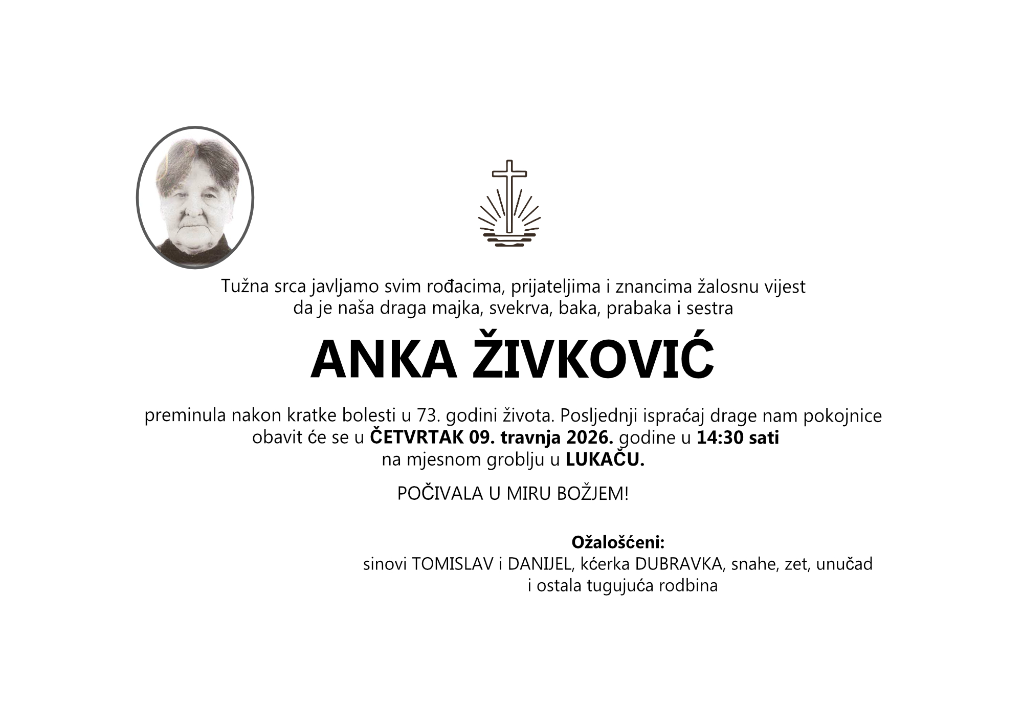 Anka Živković, četvrtak 9. 4.2026. god. u 14:30h, Lukač