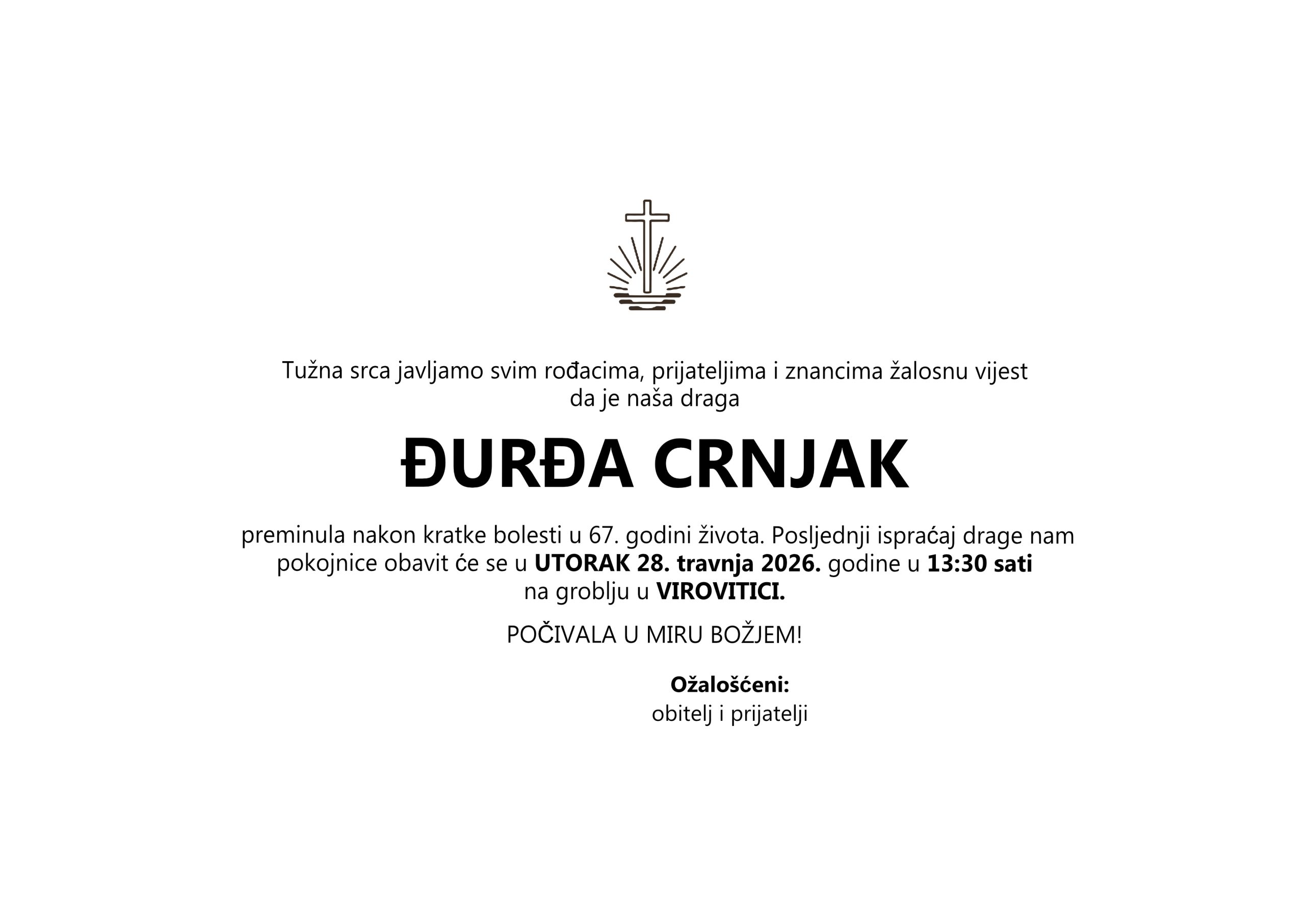 Đurđa Crnjak, utorak, 28.04.2026. god. u 13:30 h, Virovitoca
