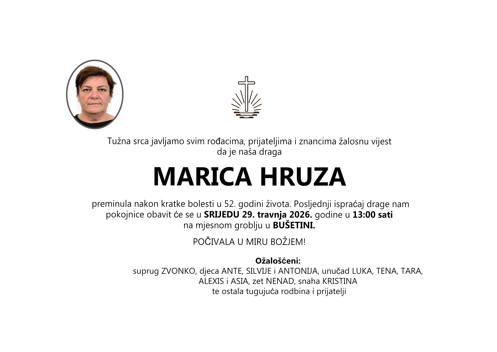 MARICA HRUZA, srijeda 29.04.2026.god. u 13:00 h, Bušetina