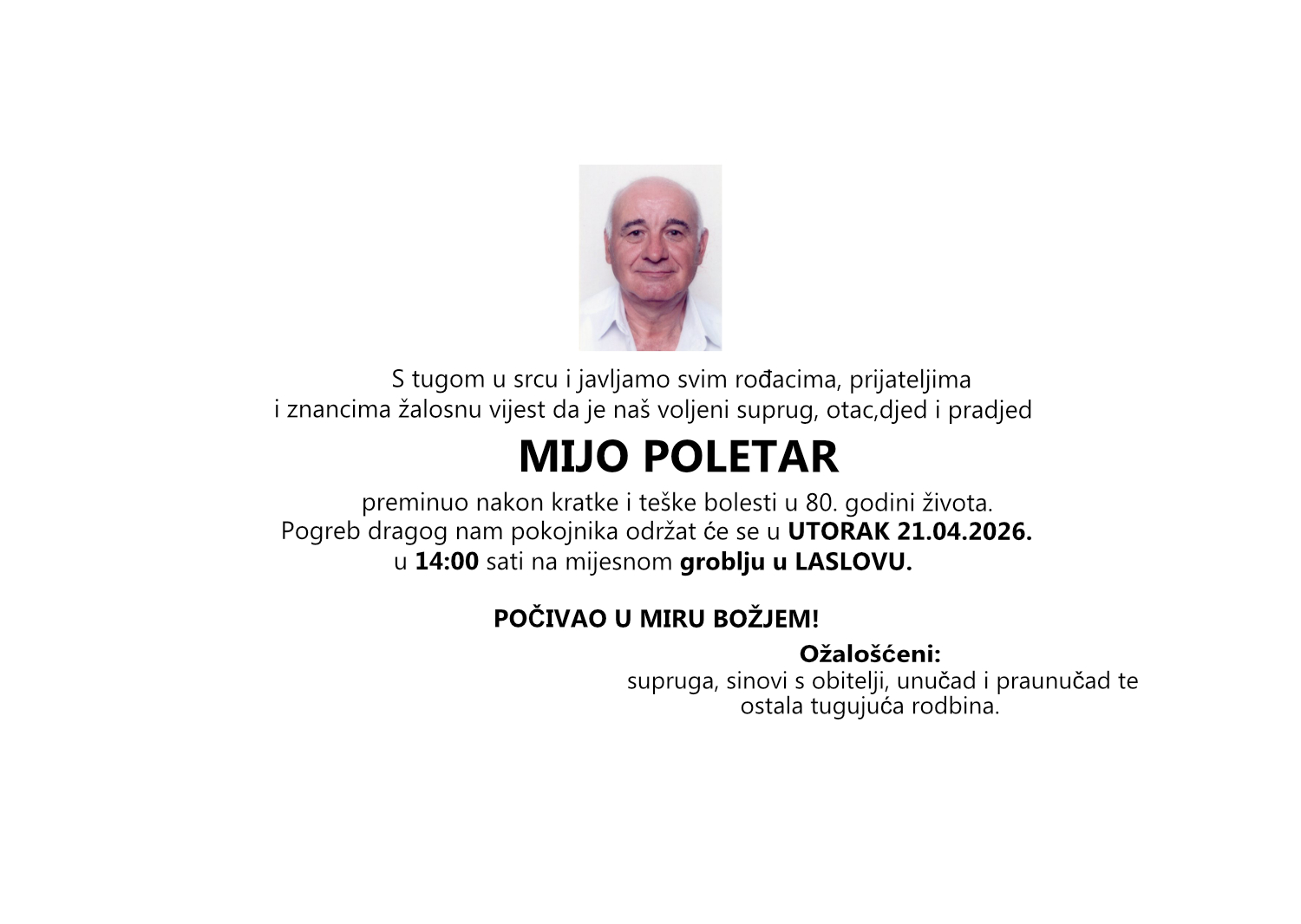MIJO POLETAR, utorak 21.04.2026. u 14:00 sati, groblje LASLOVO