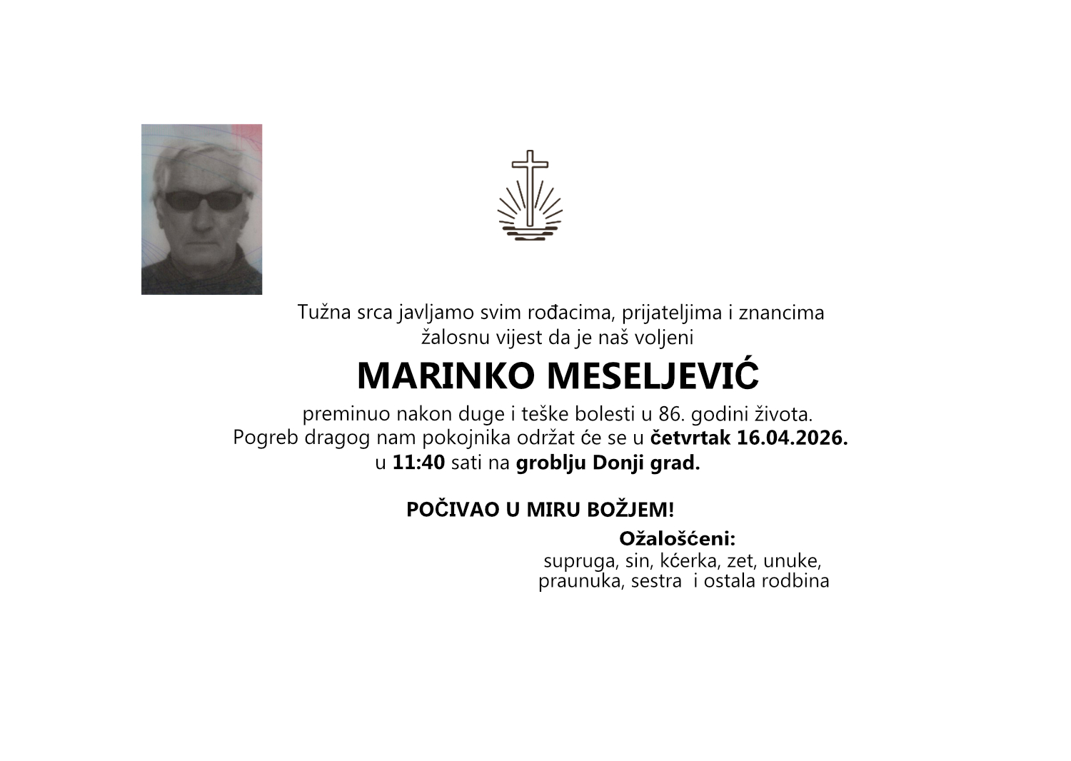 Marinko Meseljević, četvrtak 16.04.2026. u 11:40 sati, groblje Donji grad Osijek