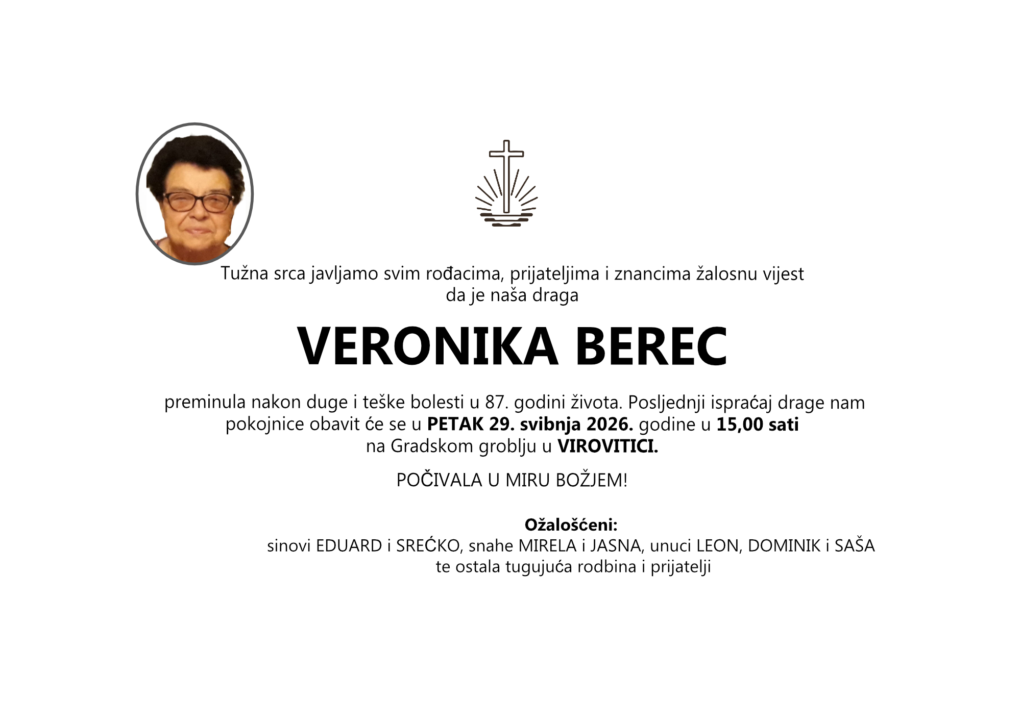 VERONIKA BEREC, 29.05.2026. u 15:00h VIROVITICA