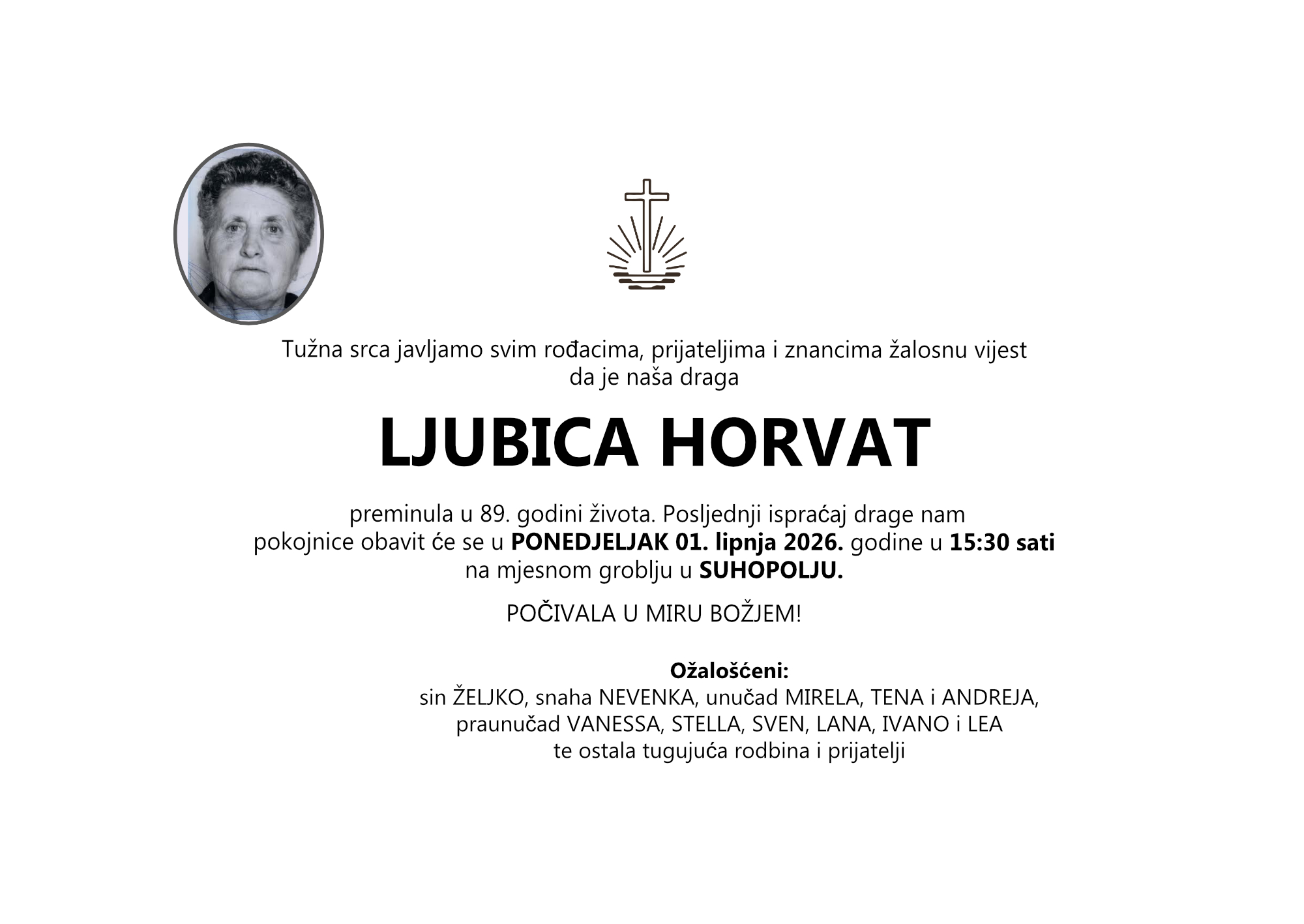 LJUBICA HORVAT, SUHOPOLJE 01.06.2026. u 15:30h