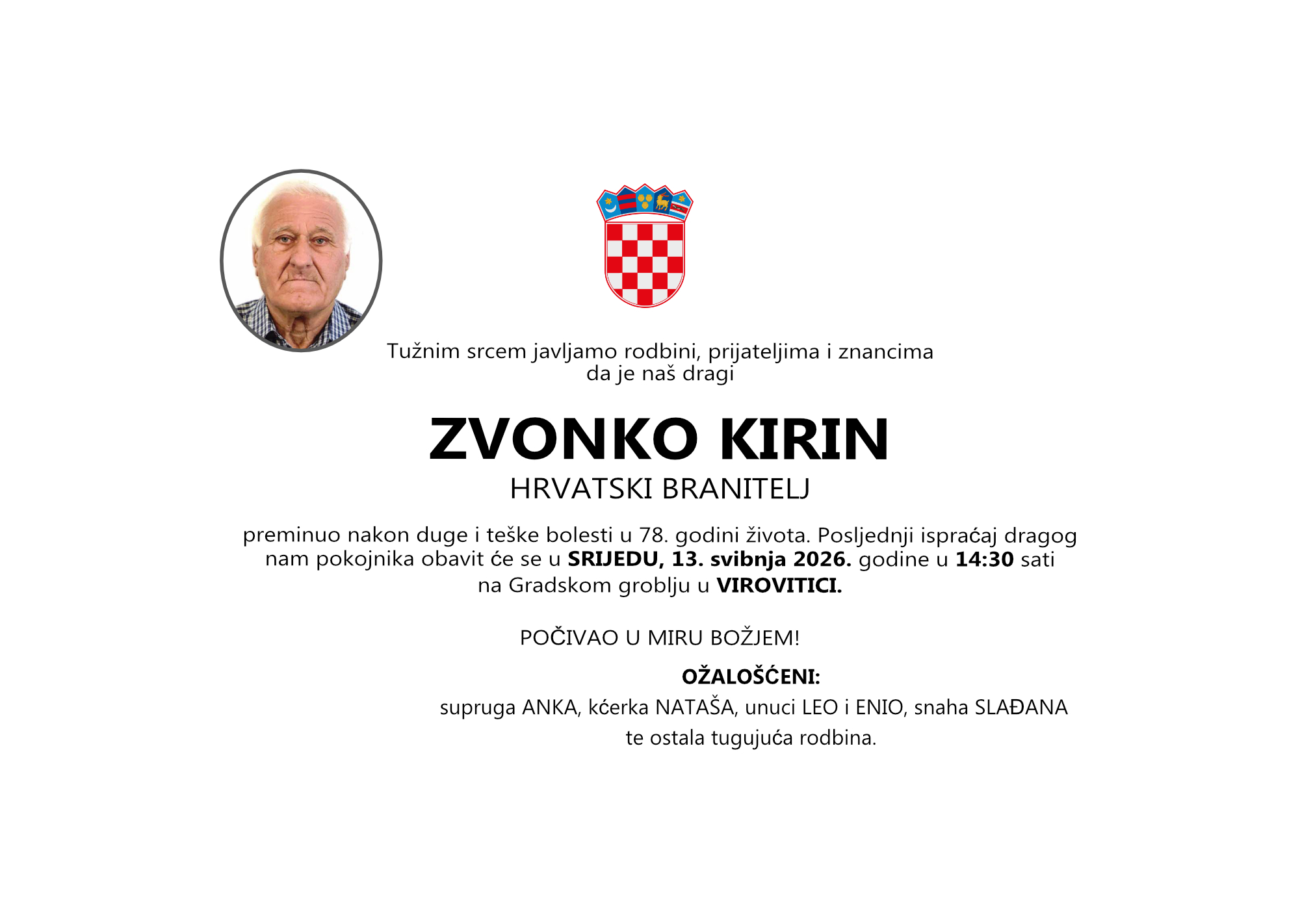 ZVONKO KIRIN, srijeda 13.05.2026. god u 15:30 h. VIROVITICA