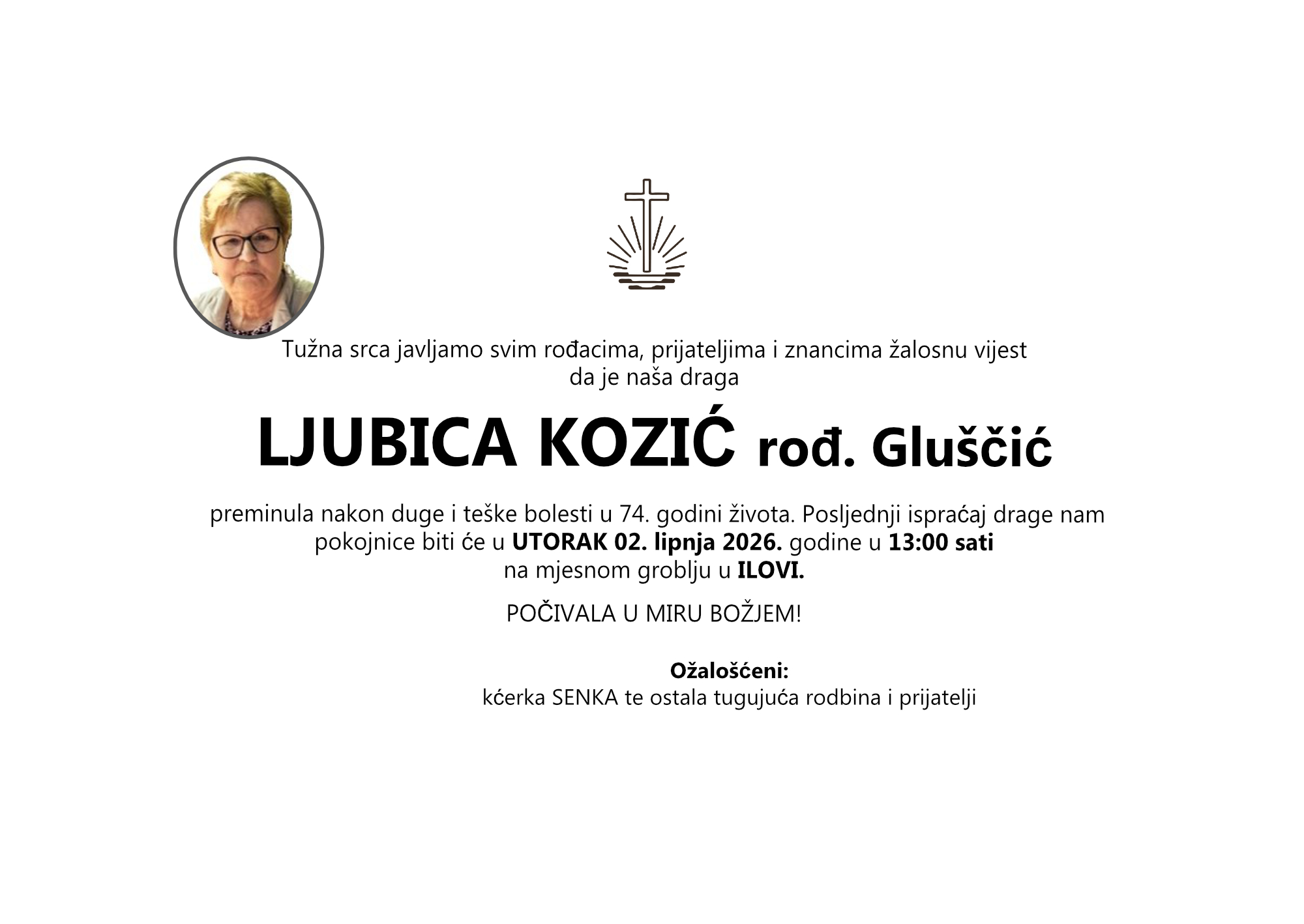 LJUBICA KOZIĆ rođ. Gluščić, utorak 02.06.2026. god. u 13:00 h, ILOVA
