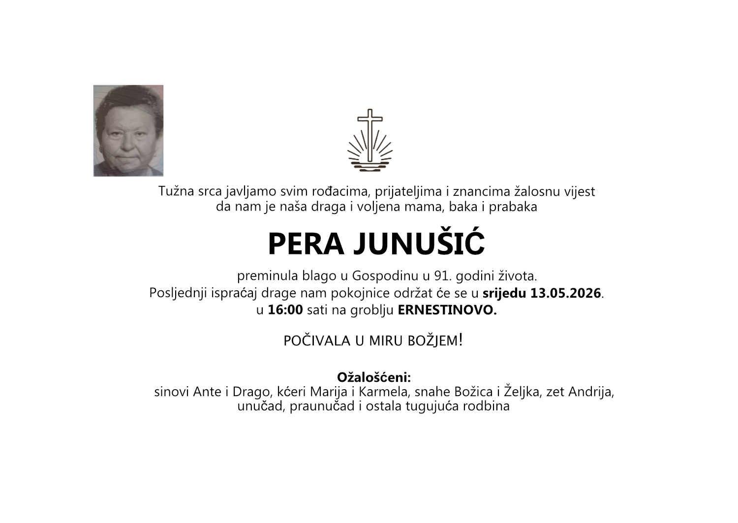 Pera Junušić, srijeda 13.05.2026. u 16:00 sati, groblje Ernestinovo