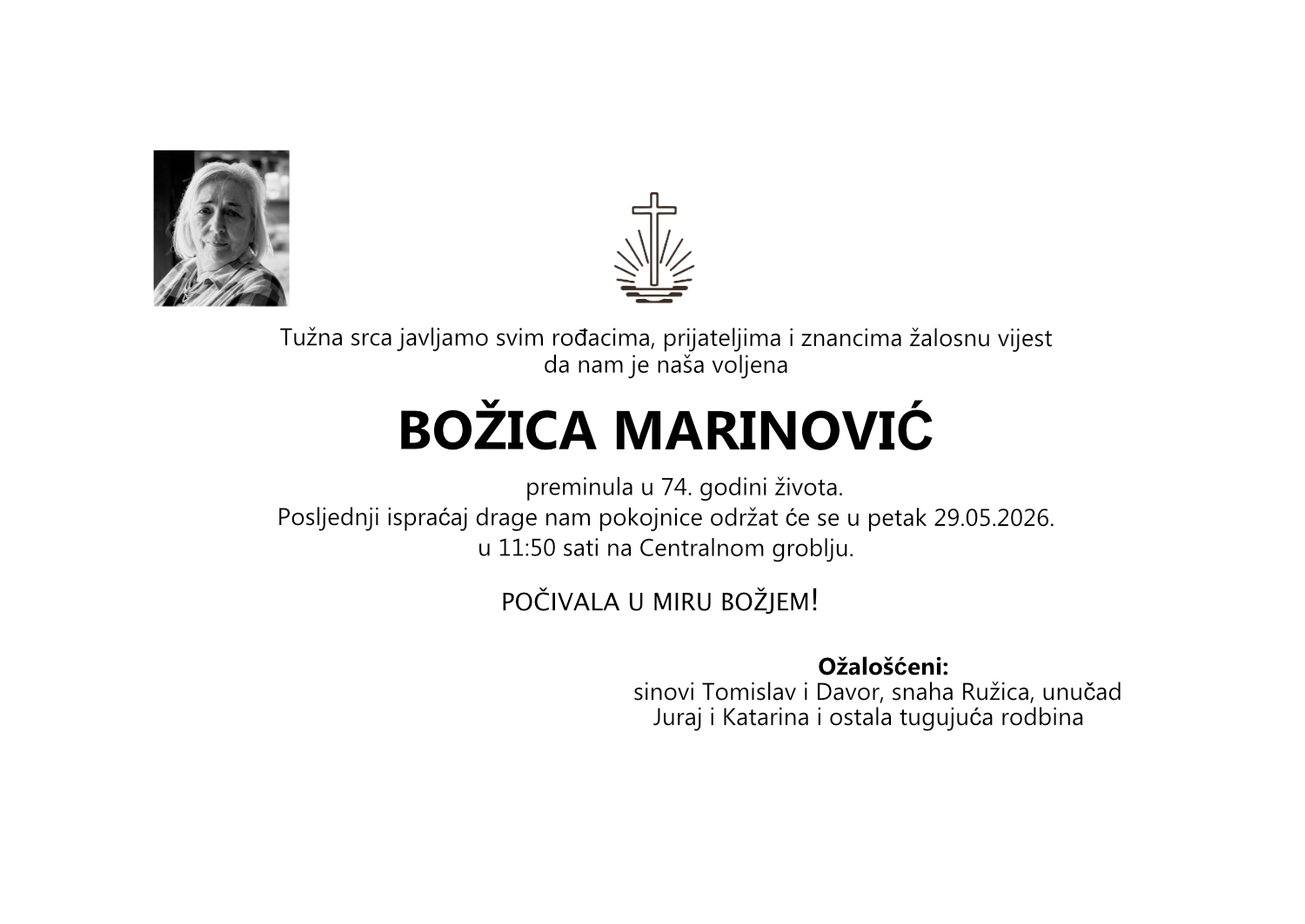 Božica Marinović, petak 29.05.2026. u11:50 sati, Centralno groblje