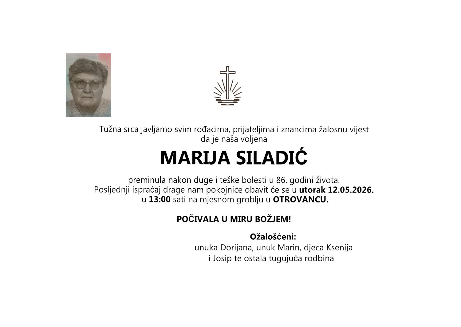 Marija Siladić, utorak 12.05.2026. u 13:00 sati, mjesno groblje Otrovanec
