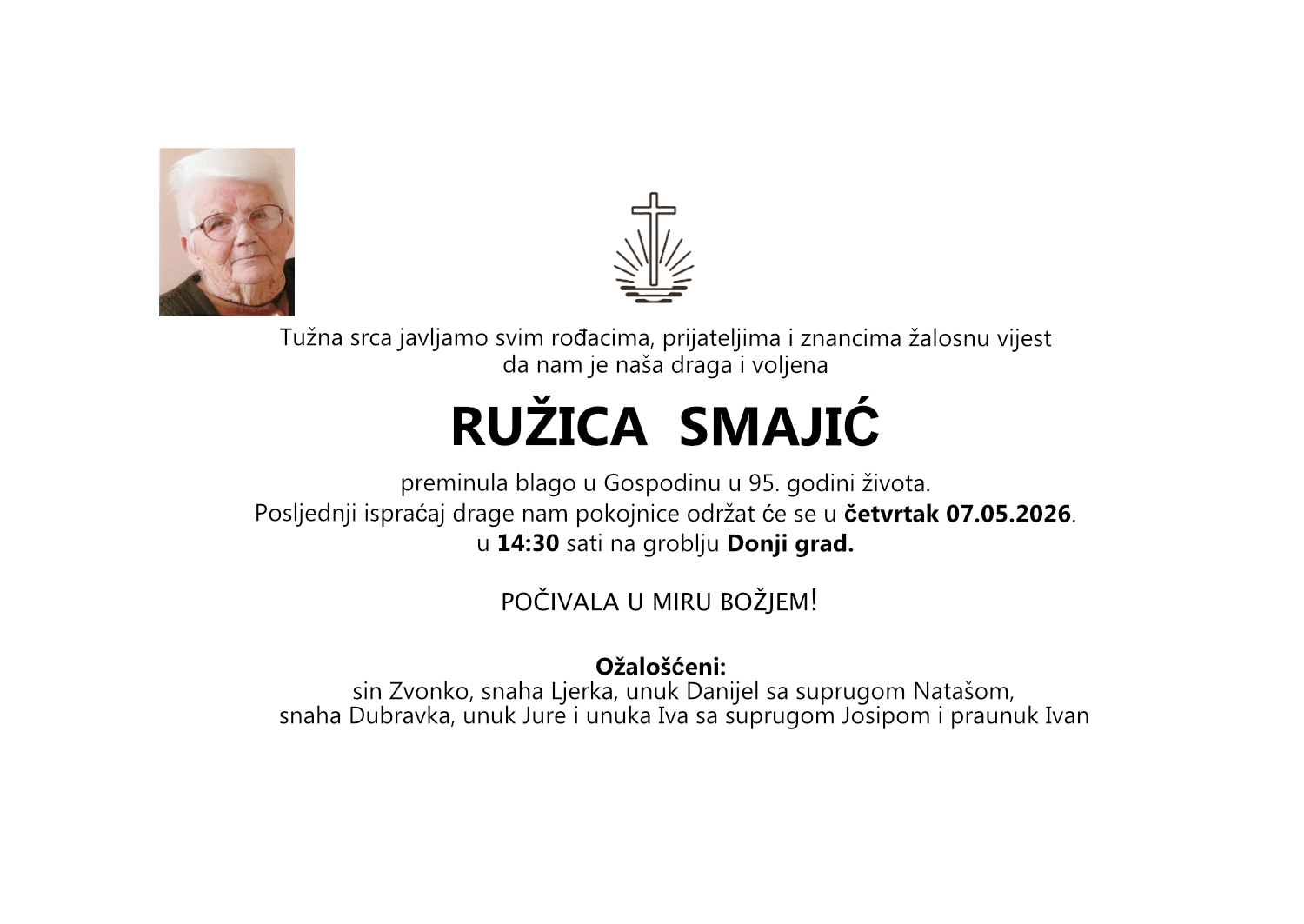 Ružica Smajić, četvrtak 07.05.2026. u 14:30 sati, groblje Donji grad, Osijek