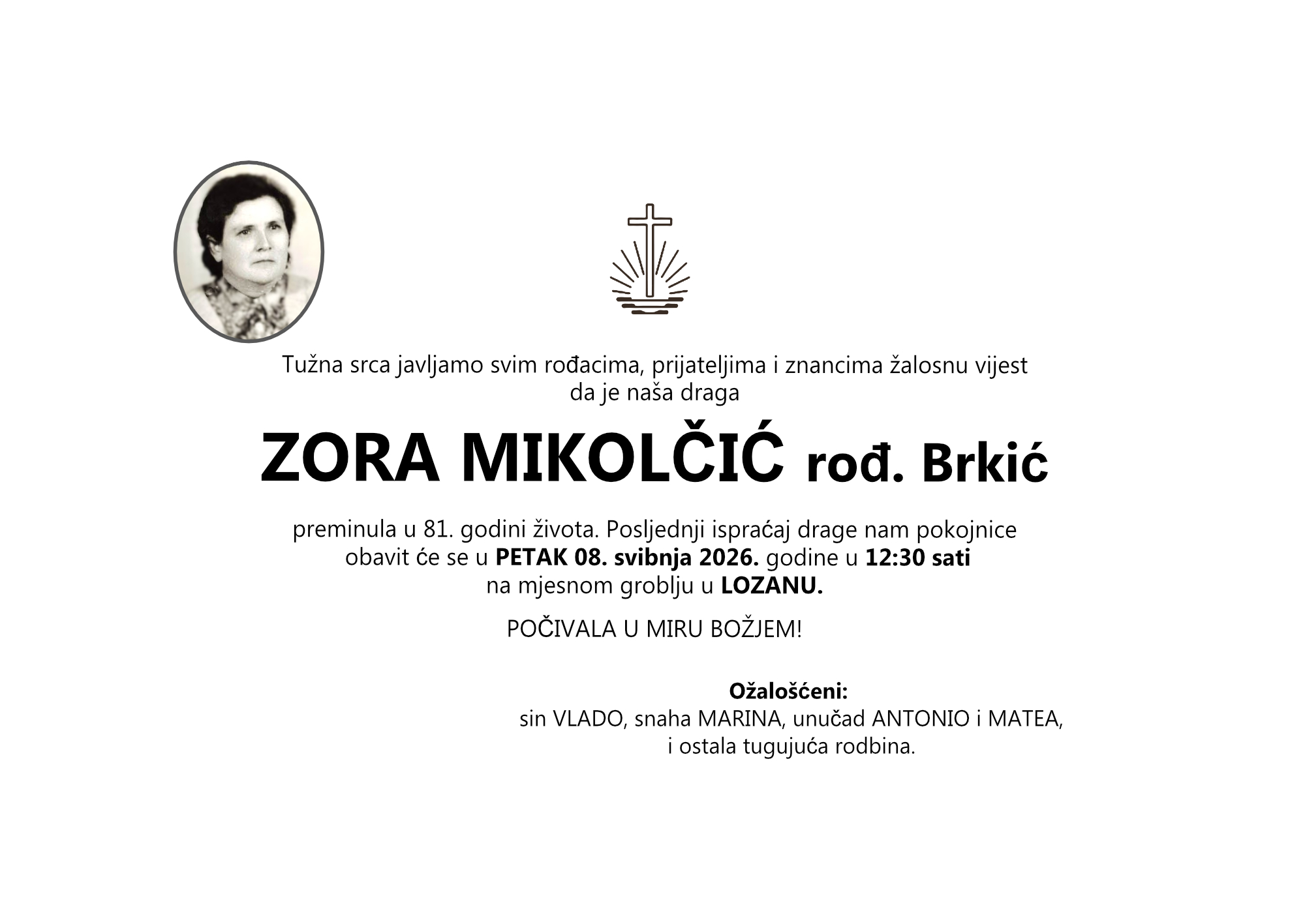 ZORA MIKOLČIĆ, petak 8.05.2026. god. u 12:30 h. LOZAN