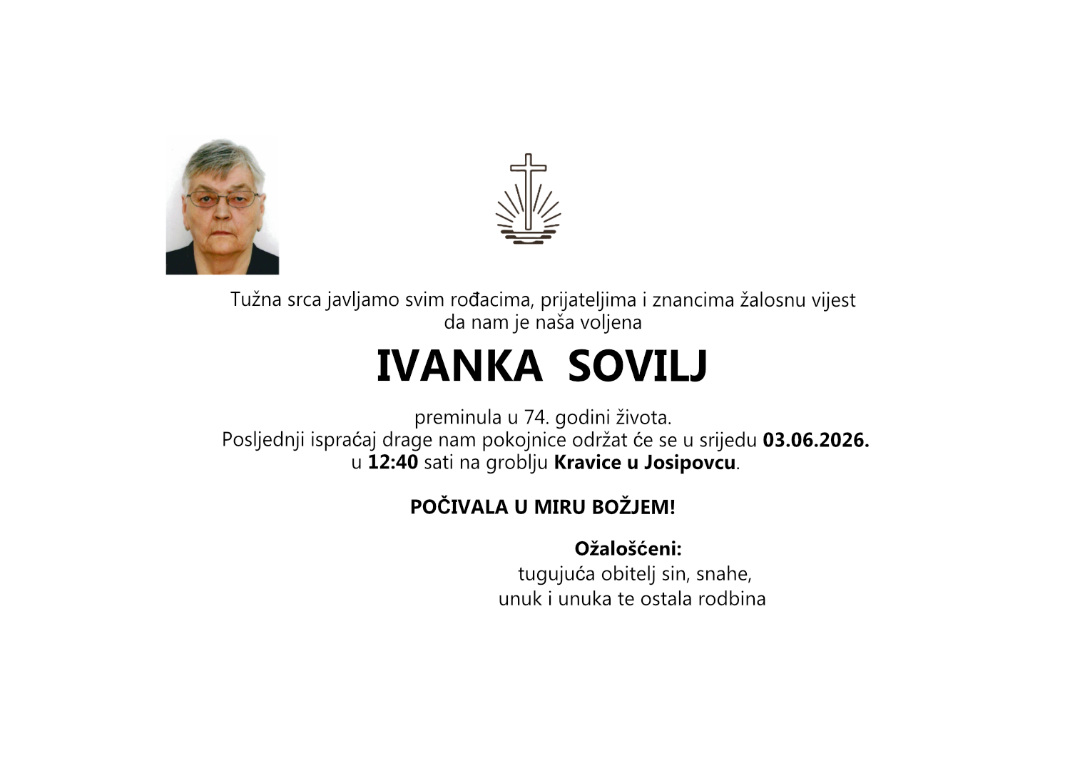 Ivanka Sovilj, srijeda 03.06.2026. u 12:40 sati, groblje Kravice, Josipovac