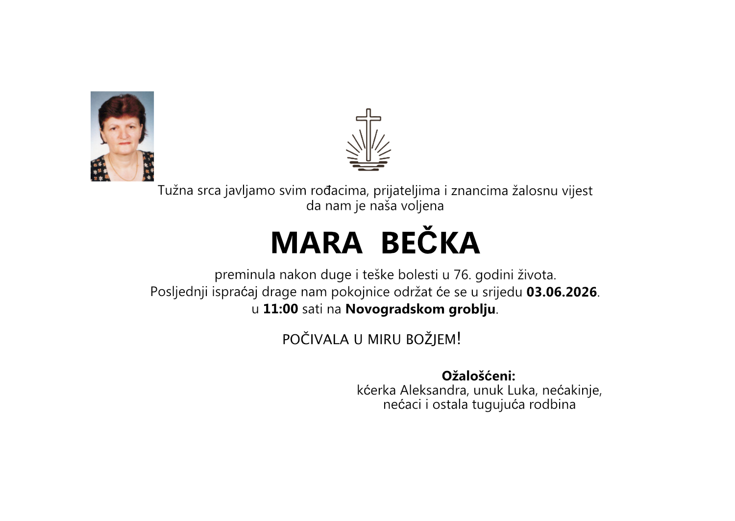 Mara Bečka, srijeda 03.06.2026. u 11:00 sati, Novogradsko groblje, Osijek