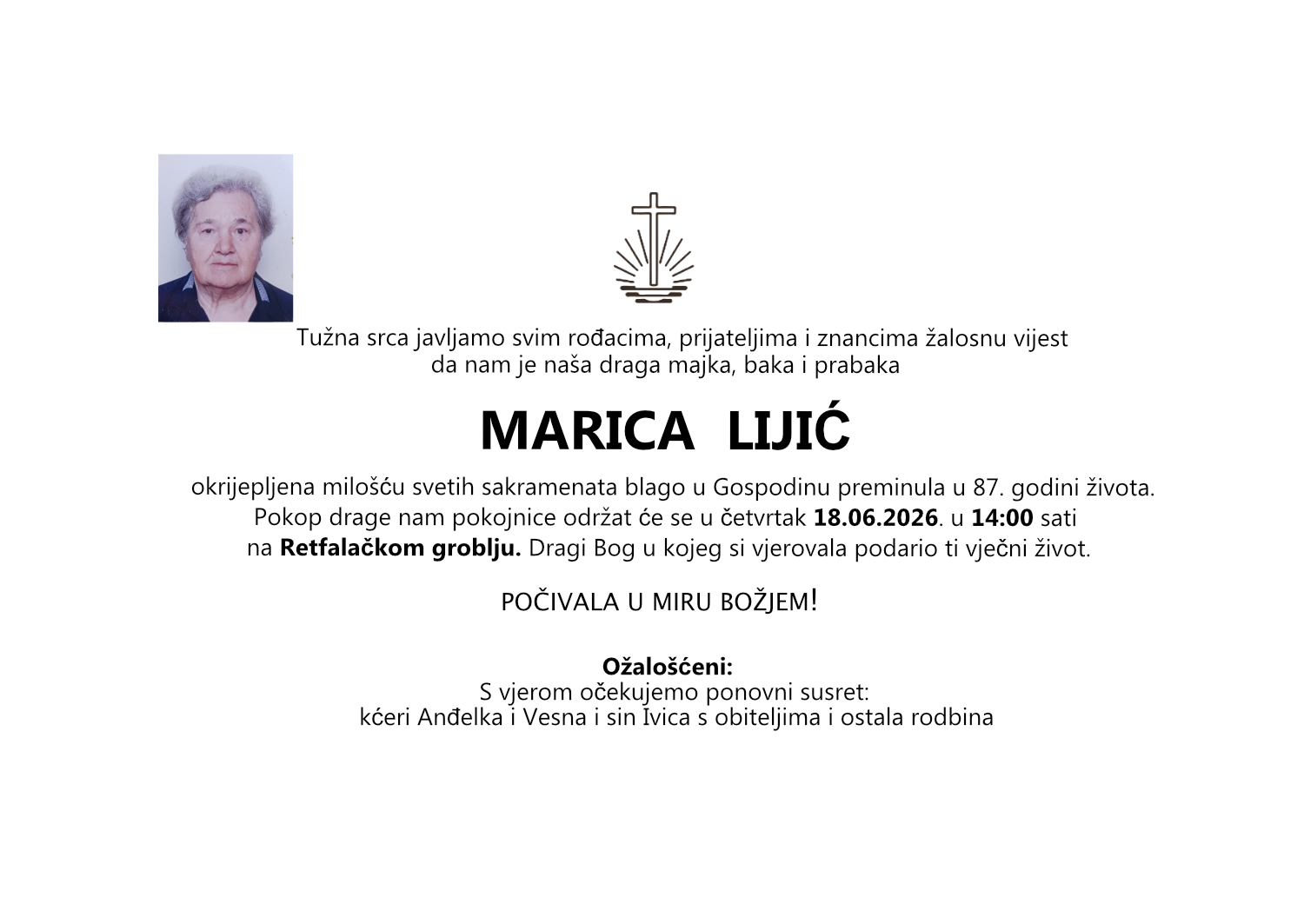 Marica Lijić, četvrtak 18.06.2026. u 14:00 sati, groblje Retfala