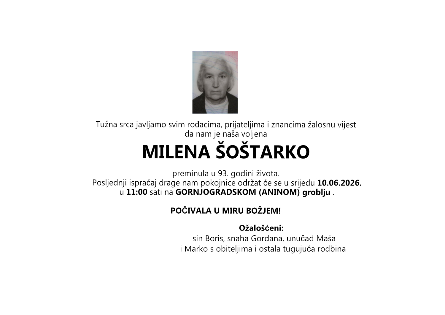 Milena Šoštarko, srijeda 10.06.2026. u 11:00 sati, Gornjogradsko (Anino) groblje, Osijek