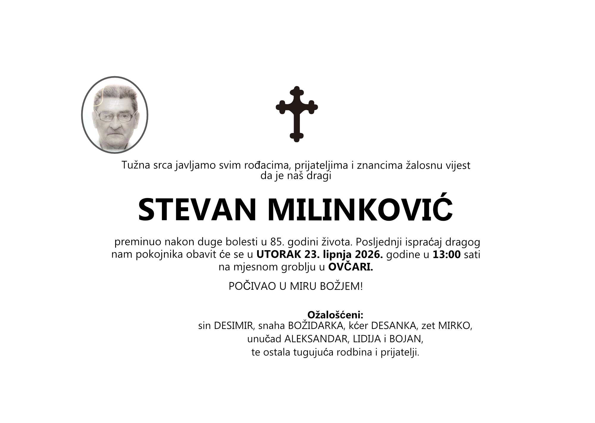 STEVAN MILINKOVIĆ, utorak 23.06.2026. god u 13:00 h, OVČARA