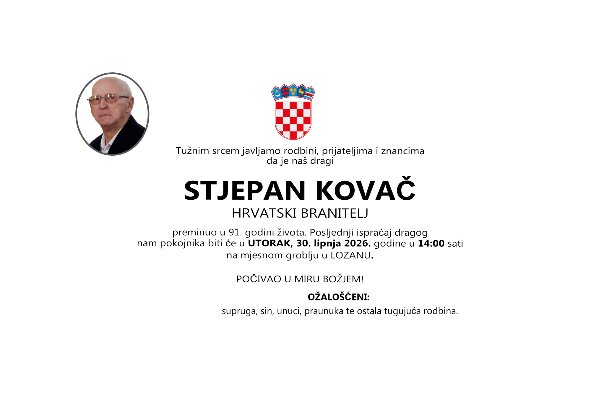 STJEPAN KOVAČ, utorak 30.06.2026. god. u 14:00 sati, LOZAN