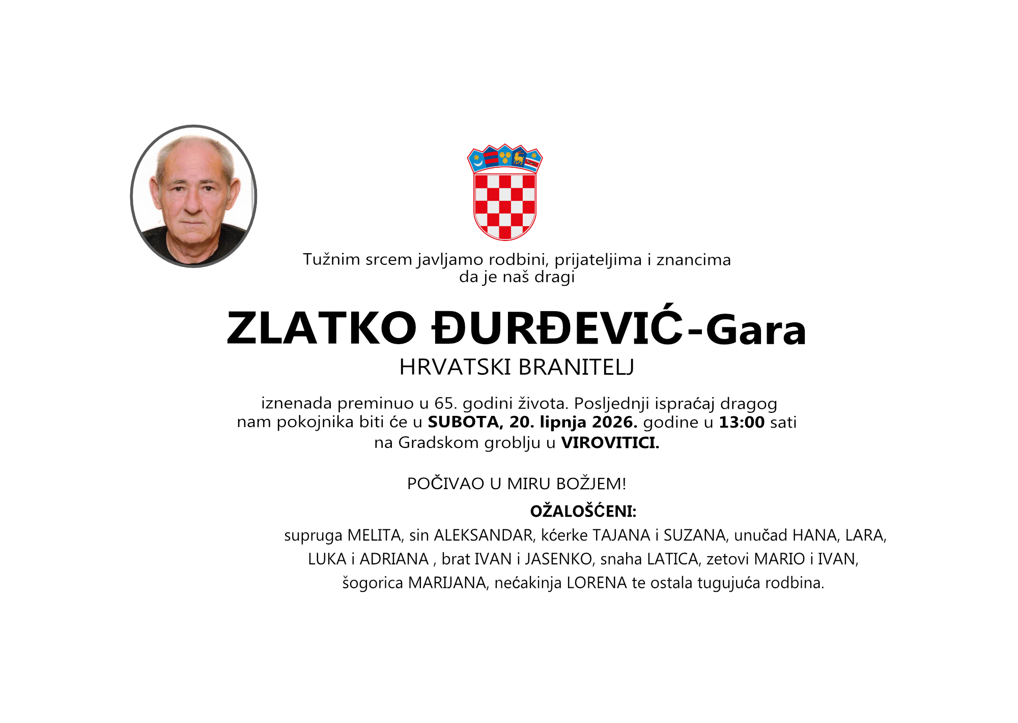 ZLATKO ĐURĐEVIĆ-Gara, subota 20.06.2026.god. u 13:00 h, VIROVITICA