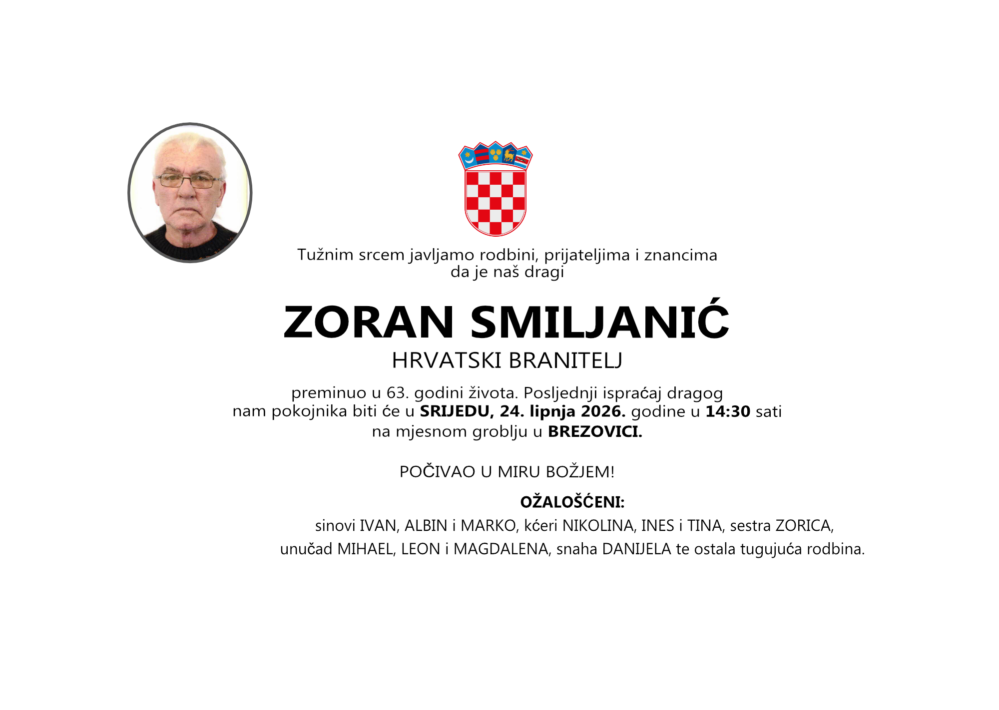 ZORAN SMILJANIĆ, srijeda 24.06.2026. god u 14:30 sati, BREZOVICA
