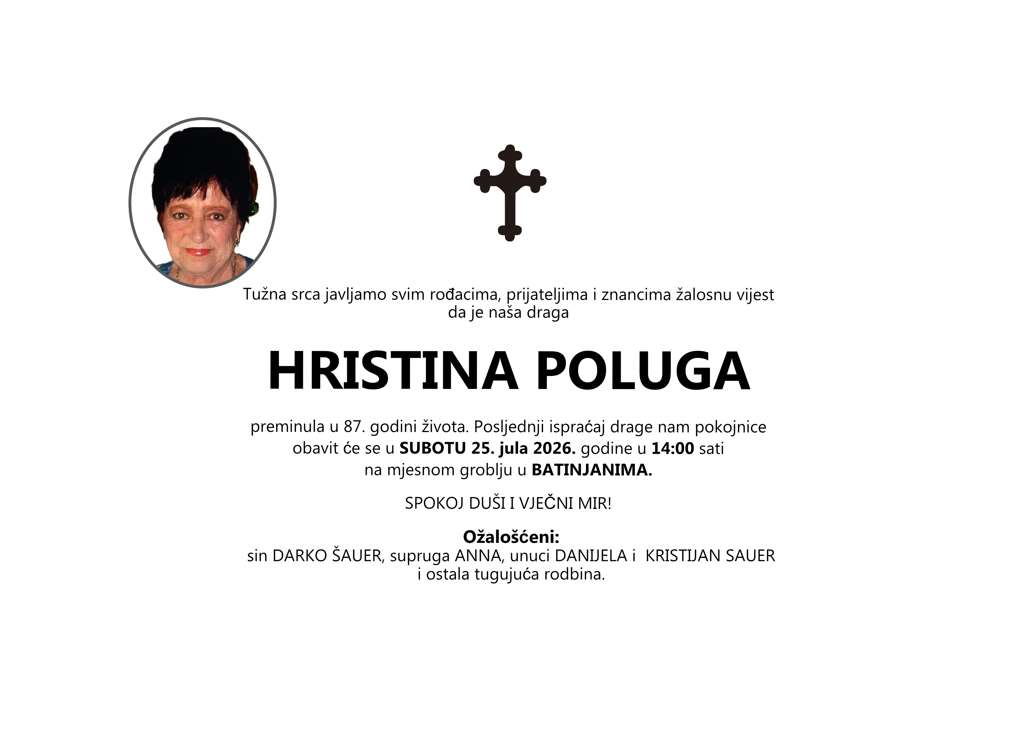 HRISTINA POLUGA, subota 25.07.2026. god. u 14:00 sati, BATINJANI