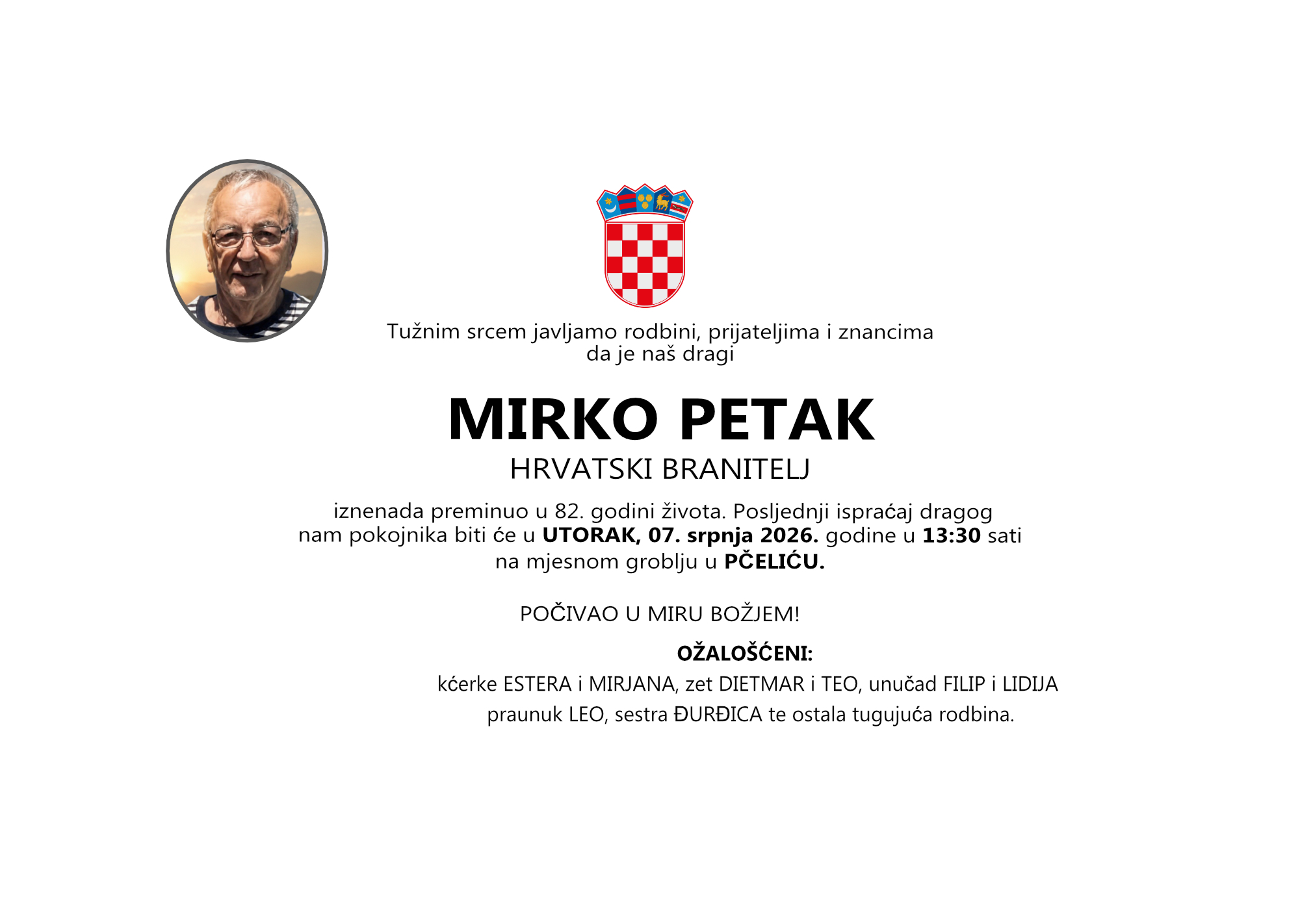 MIRKO PETAK, utorak, 07.07.2026. god u 13:30 h, Pčelić