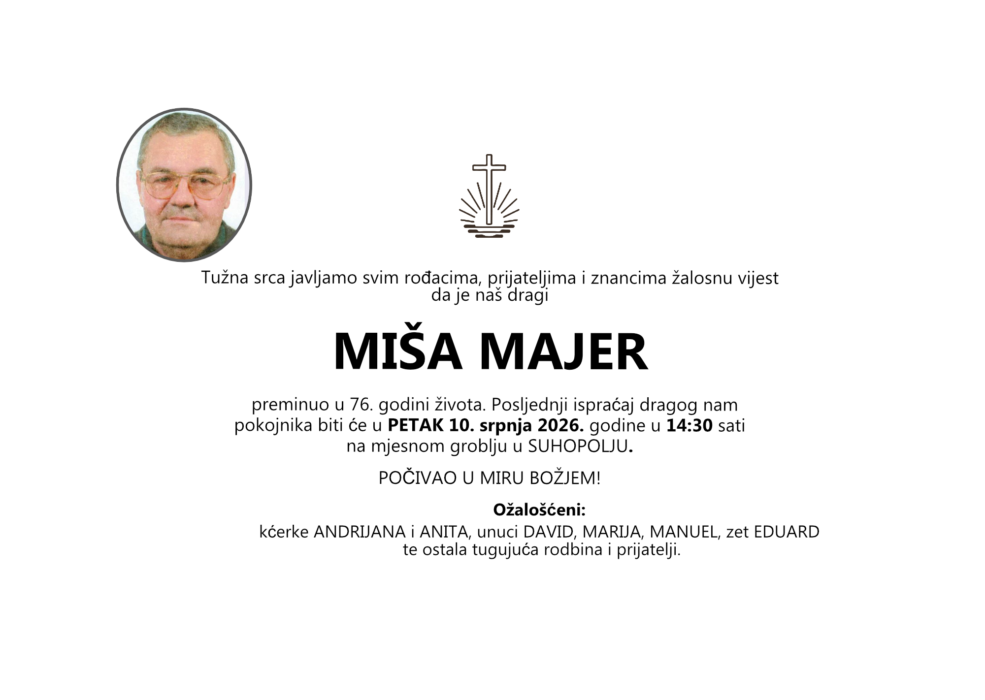 MIŠA MAJER, petak 10.07.2026. god. u 14:30 sati, SUHOPOLJE