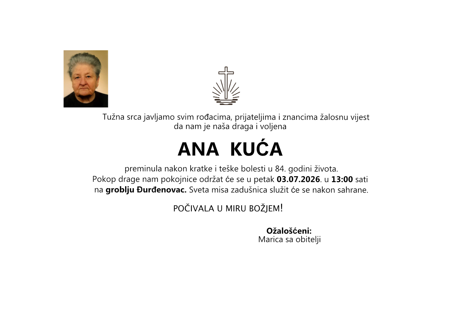 Ana Kuća, petak 03.07.2026. u 13:00 sati, groblje Đurđenovac