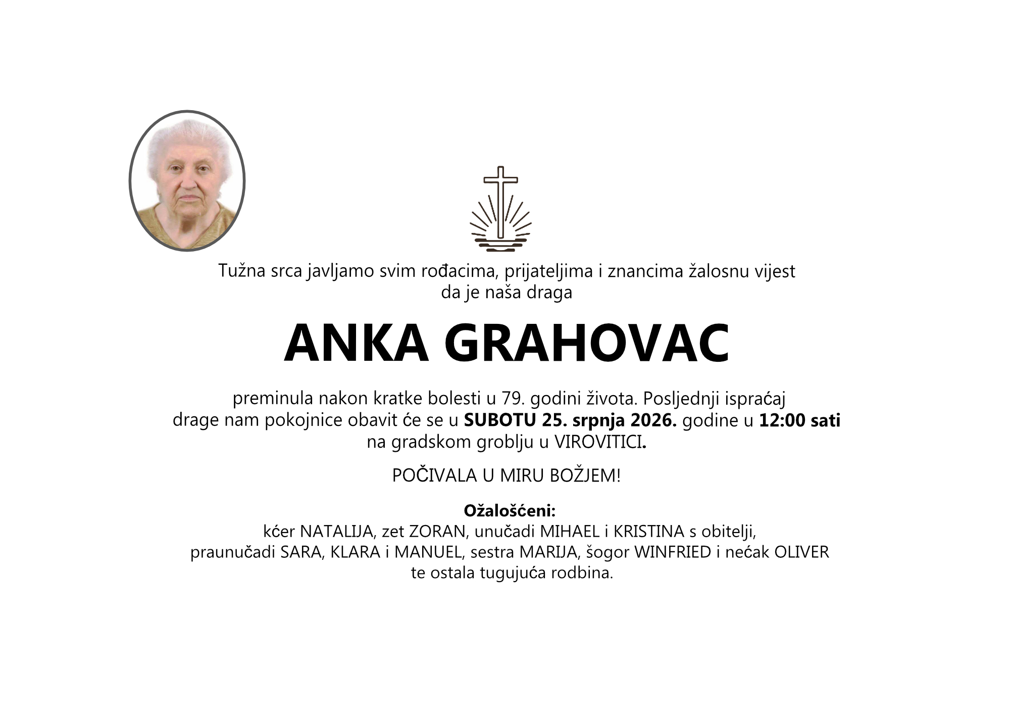 ANKA GRAHOVAC, subota 25.07.2026. god. u 12:00 sati, VIROVITICA