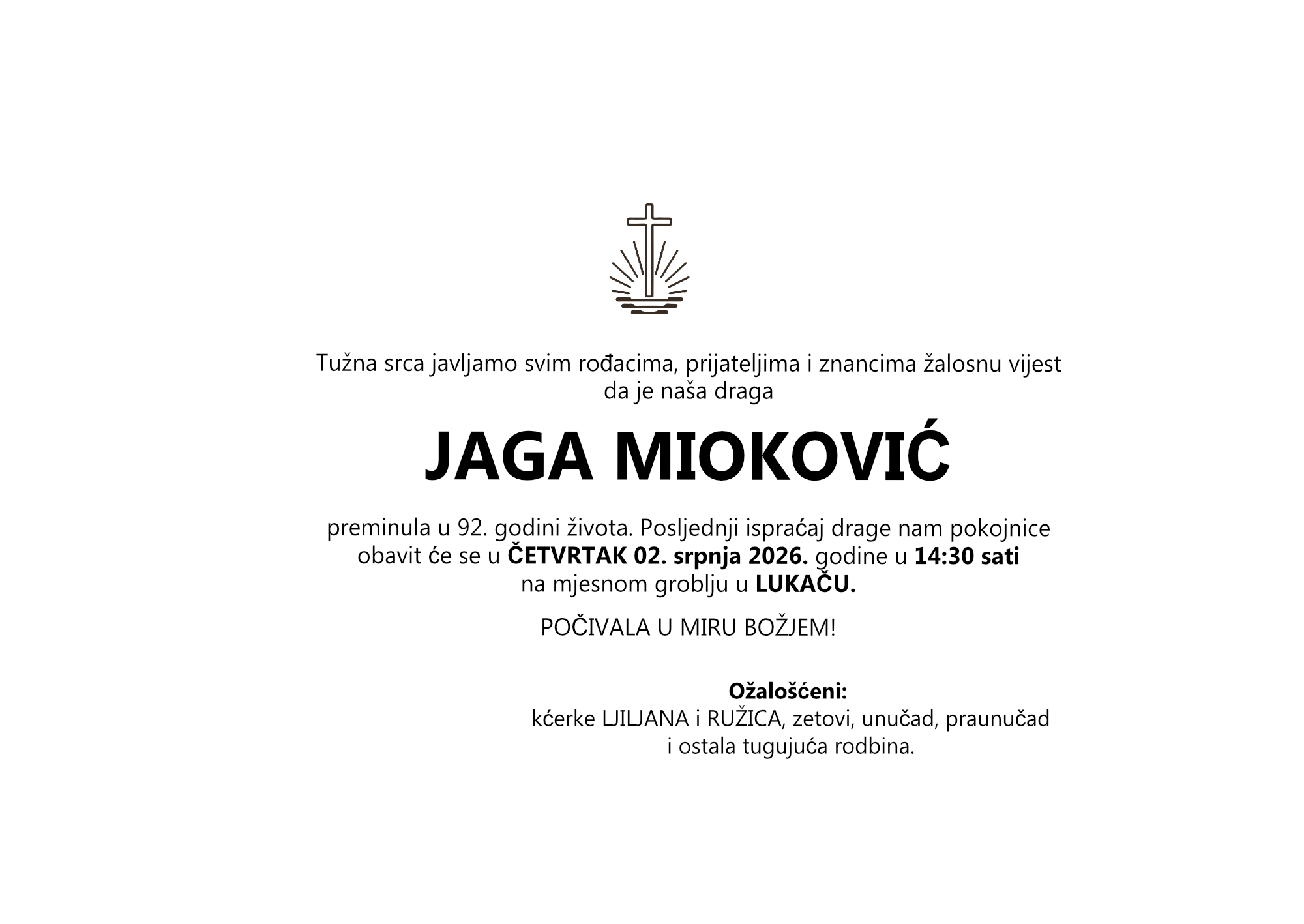JAGA MIOKOVIĆ, četvrtak 02.07.2026. god. u 14:30 sati, LUKAČ