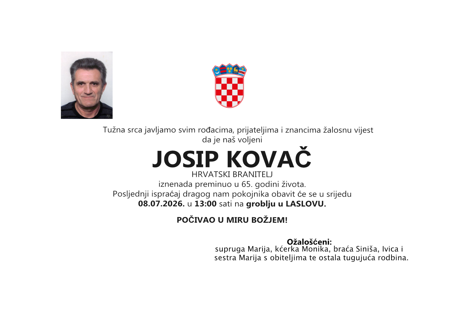 Josip Kovač, srijeda 08.07.2026. u 13:00 sati, groblje Laslovo
