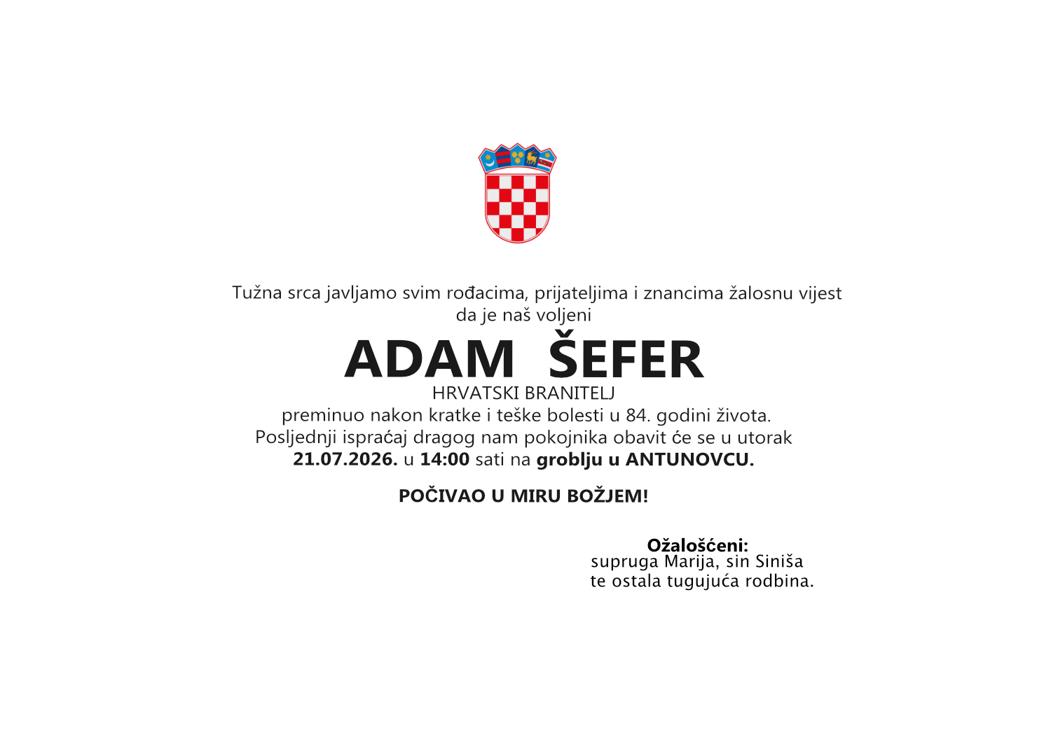Adam Šefer, utorak 21.07.2026. u 14:00 sati, groblje Antunovac