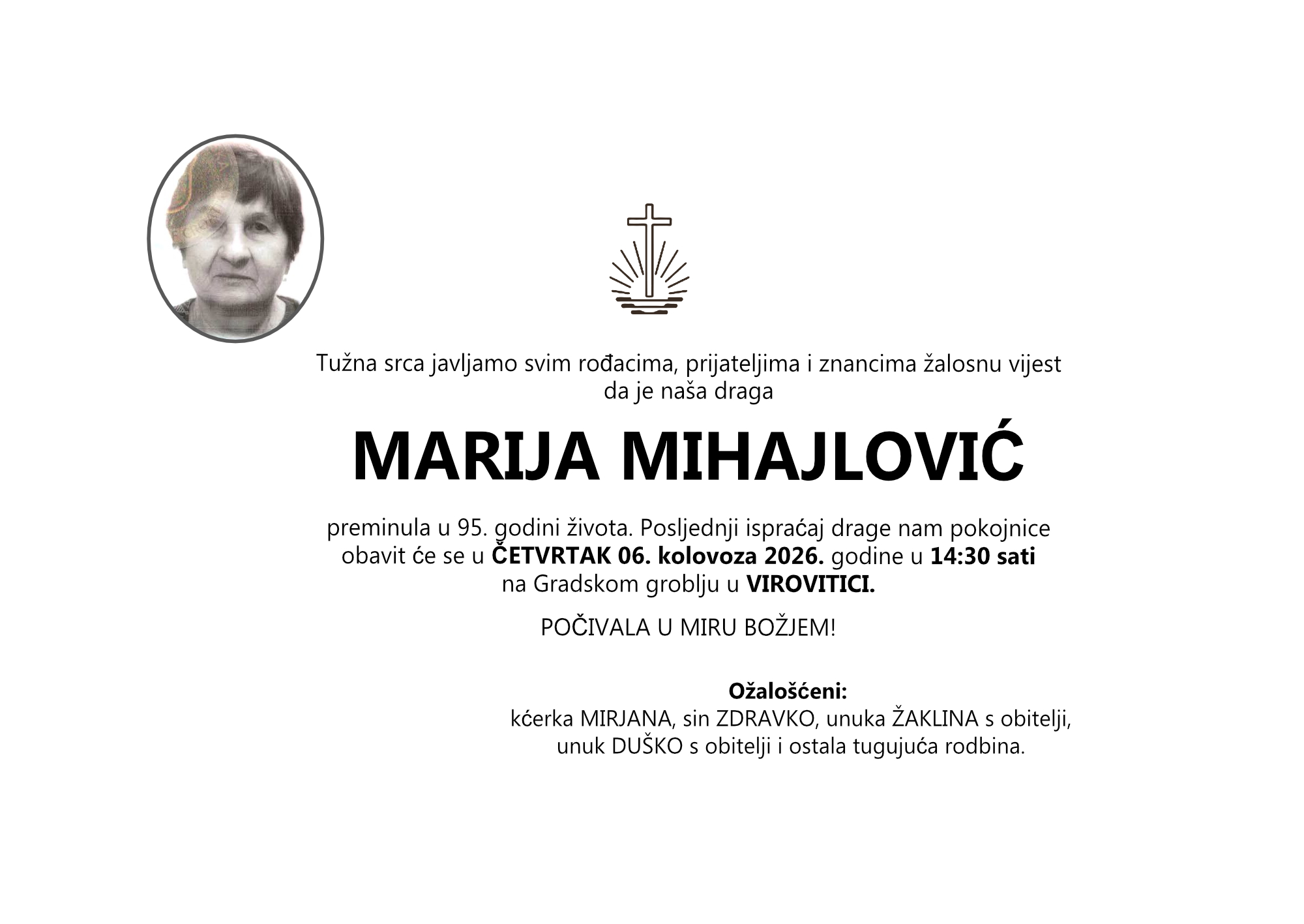 MARIJA MIHAJLOVIĆ, Četvrtak 06.08.2026. god. u 14:30 sati, VIROVITICA