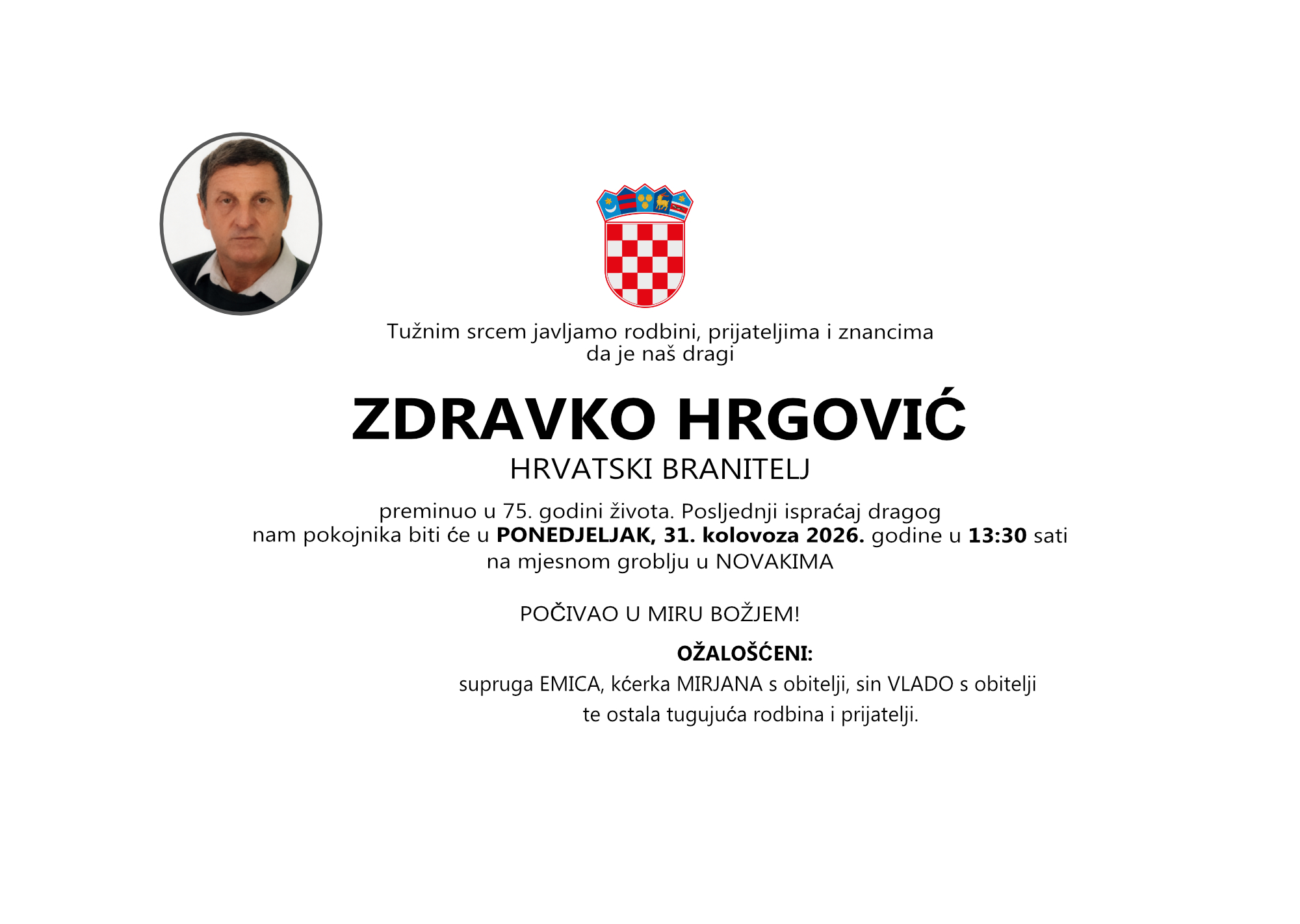 ZDRAVKO HRGOVIĆ, ponedjeljak 31.08.2026. god u 13:30 sati, NOVAKI