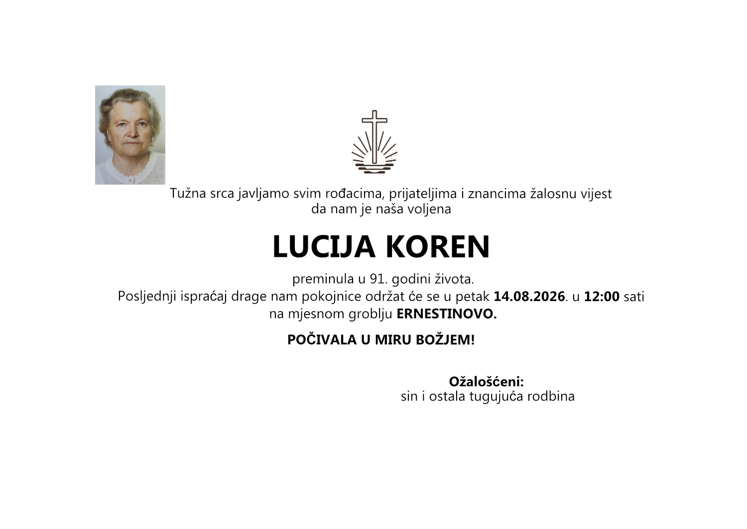 Lucija Koren, petak 14.08.2026. u 12:00 sati, groblje Ernestinovo