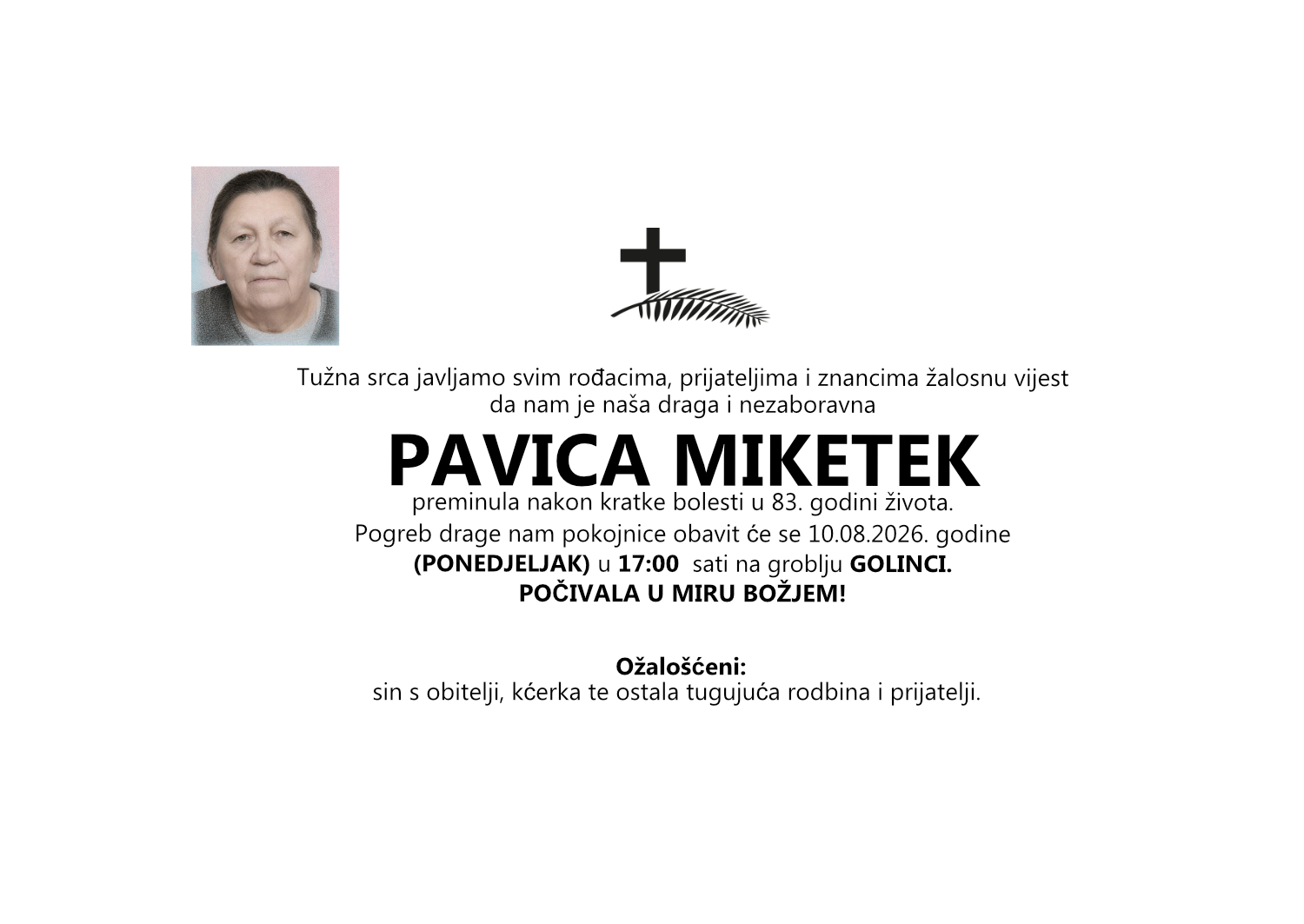 Pavica Miketek, ponedjeljak 10.08.2026. u 17:00 sati, groblje Golinci