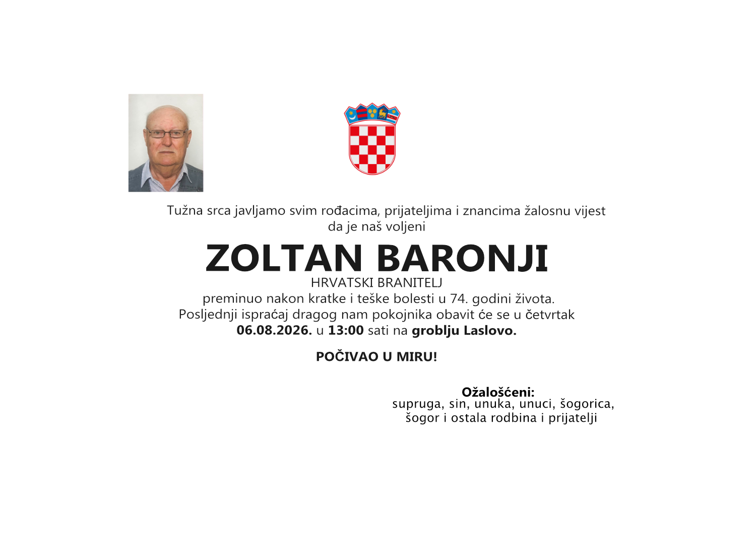 Zoltan Baronji, četvrtak 06.08.2026. u 13:00 sati, groblje Laslovo