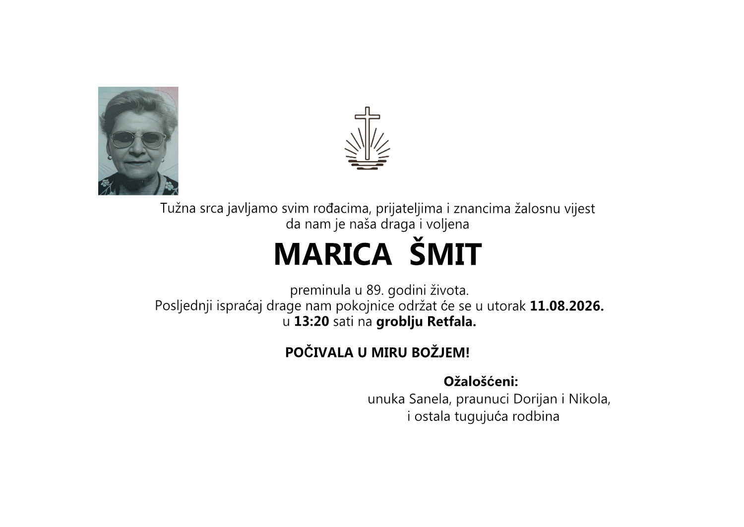 Marica Šmit, utorak 11.08.2026. u 13:20 sati, groblje Retfala