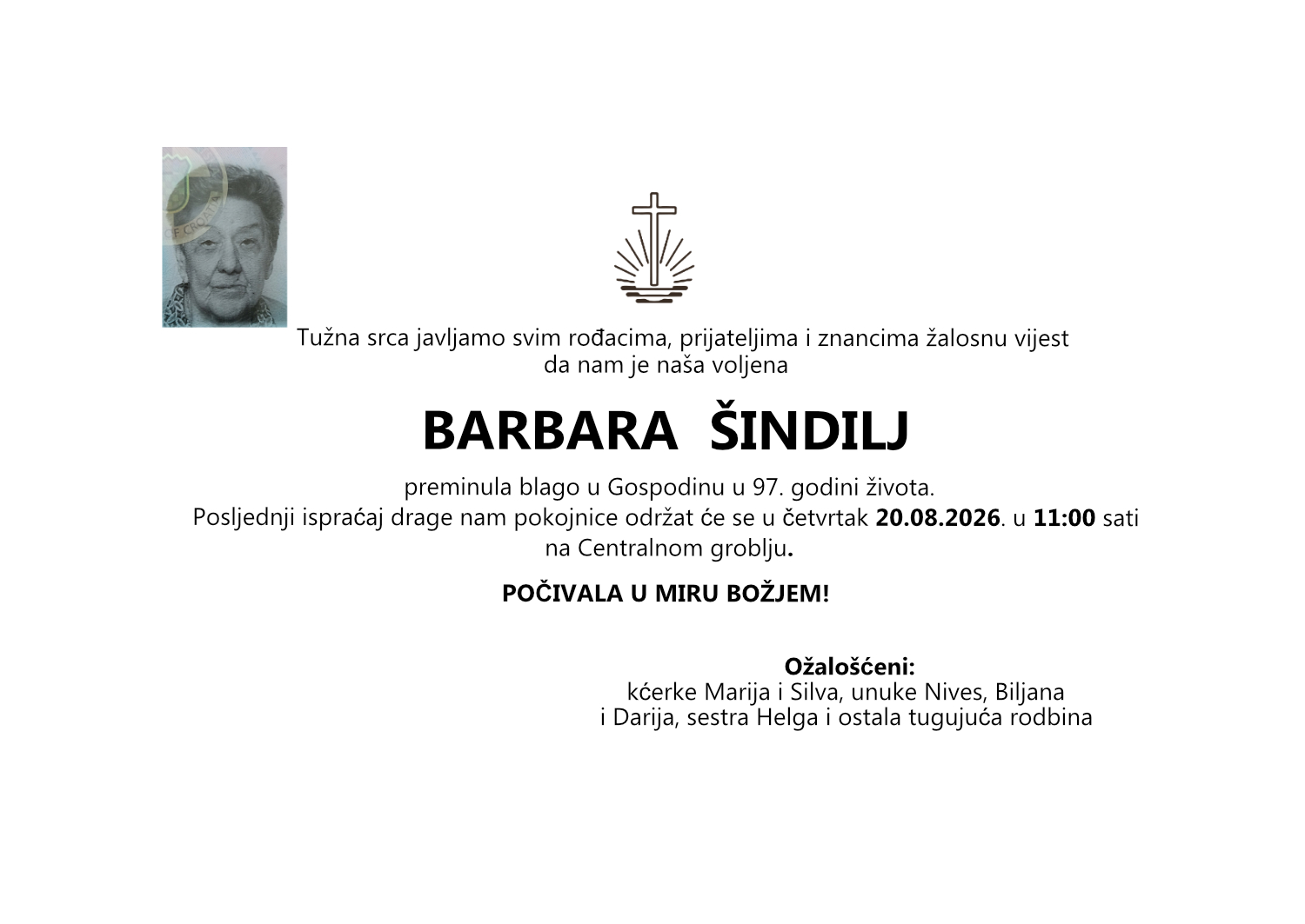 Barbara Šindilj, četvrtak 20.08.2026. u 11:00 sati, Centralno groblje