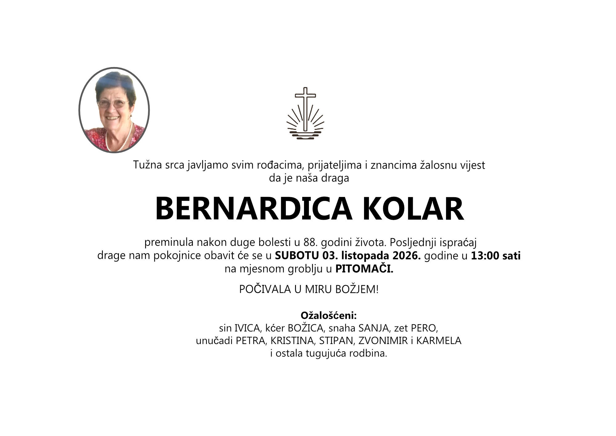 BERNARDICA KOLAR, subota 03.10.2026. god. u 13:00 sati, PITOMAČA