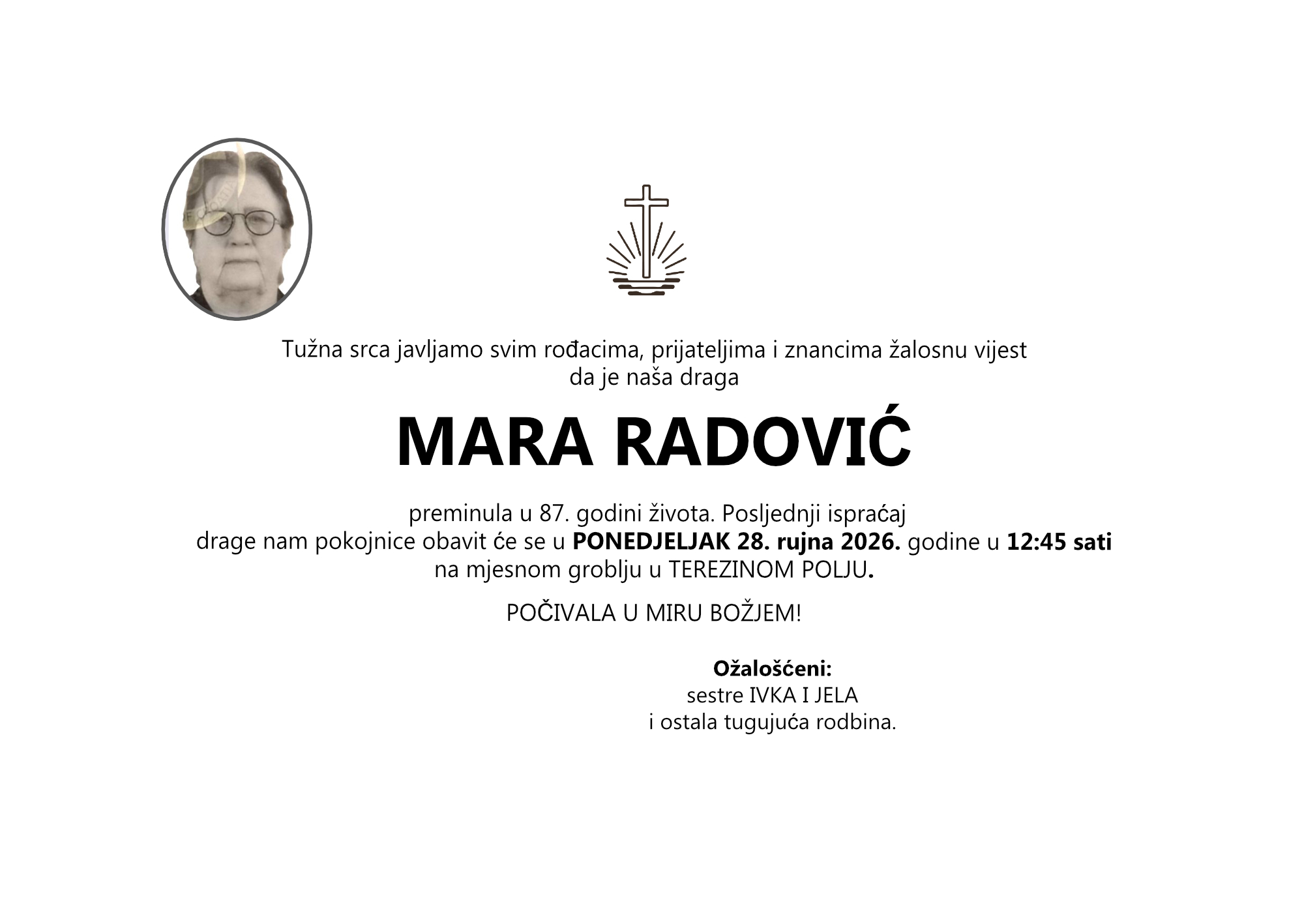 MARA RADOVIĆ, ponedjeljak 28.09.2026. god. u 12:45 sati, TEREZINO POLJE