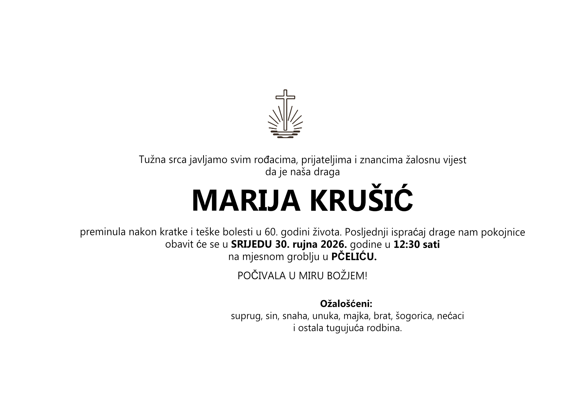 MARIJA KRUŠIĆ, srijeda 30.09.2026. god. u 12:30 sati, PČELIĆ