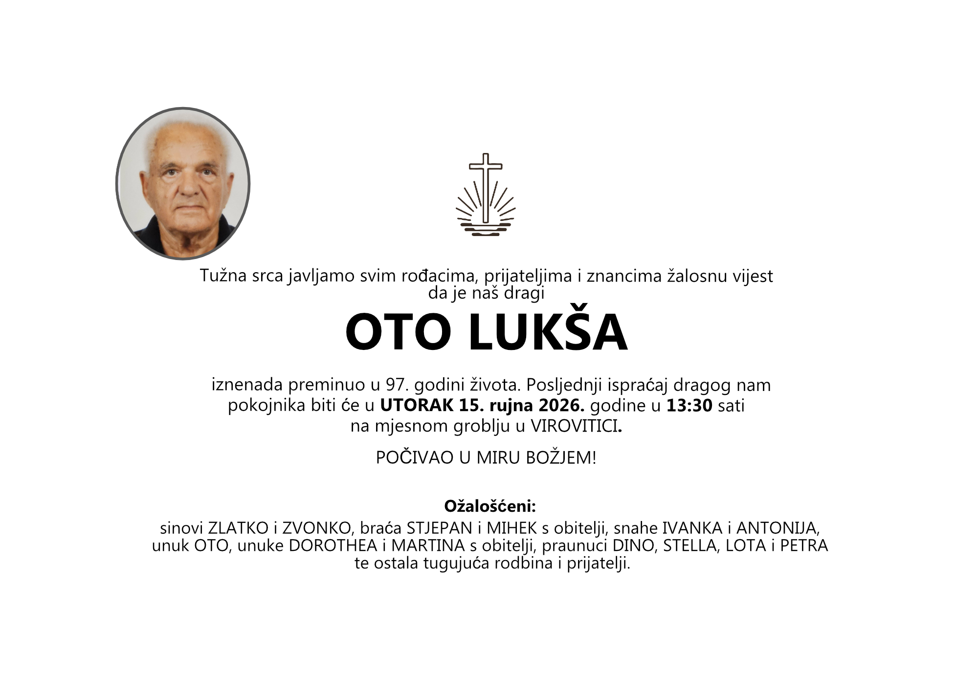 OTO LUKŠA, utorak 15.09.2026. god. u 13:30 sati, VIROVITICA
