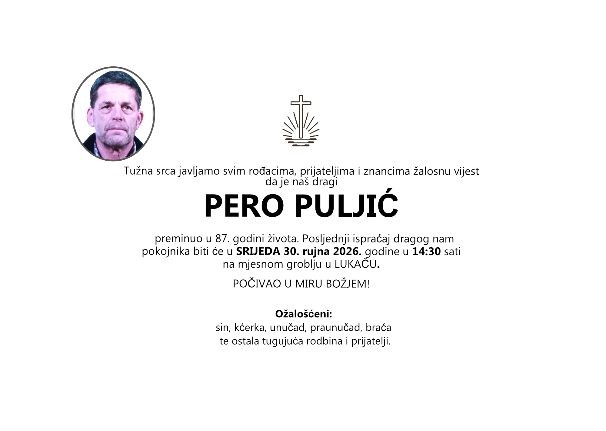 PERO PULJIĆ, srijeda 30.09.2026. god. u 14:30 sati, LUKAČ