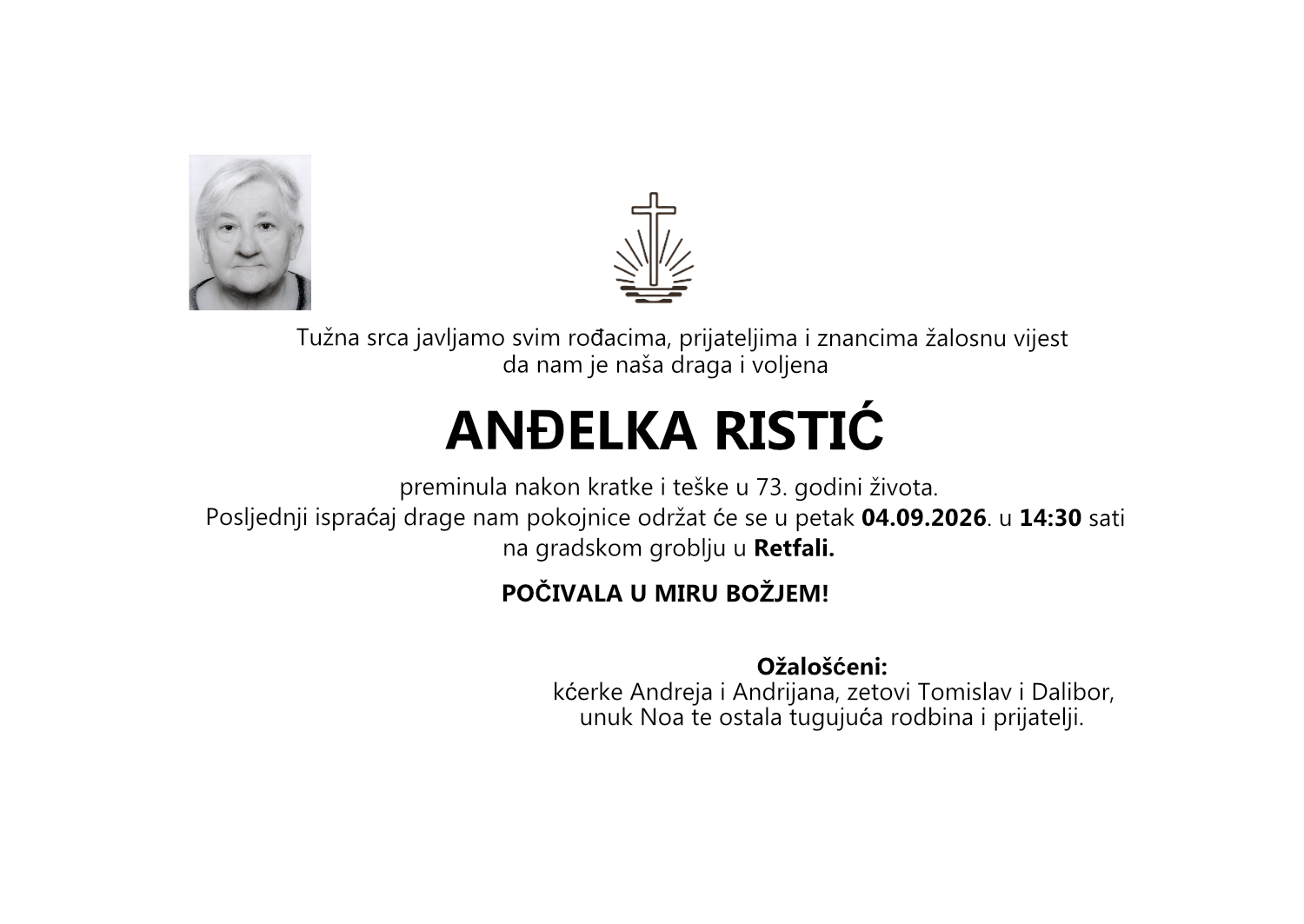 ANĐELKA RISTIĆ, petak 04.09.2026. u 14:30 sati, groblje Retfala