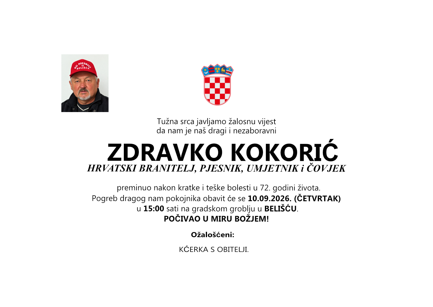 ZDRAVKO KOKORIĆ, ČETVRTAK 10.09.2026. u 15:00 sati, GROBLJE BELIŠĆE