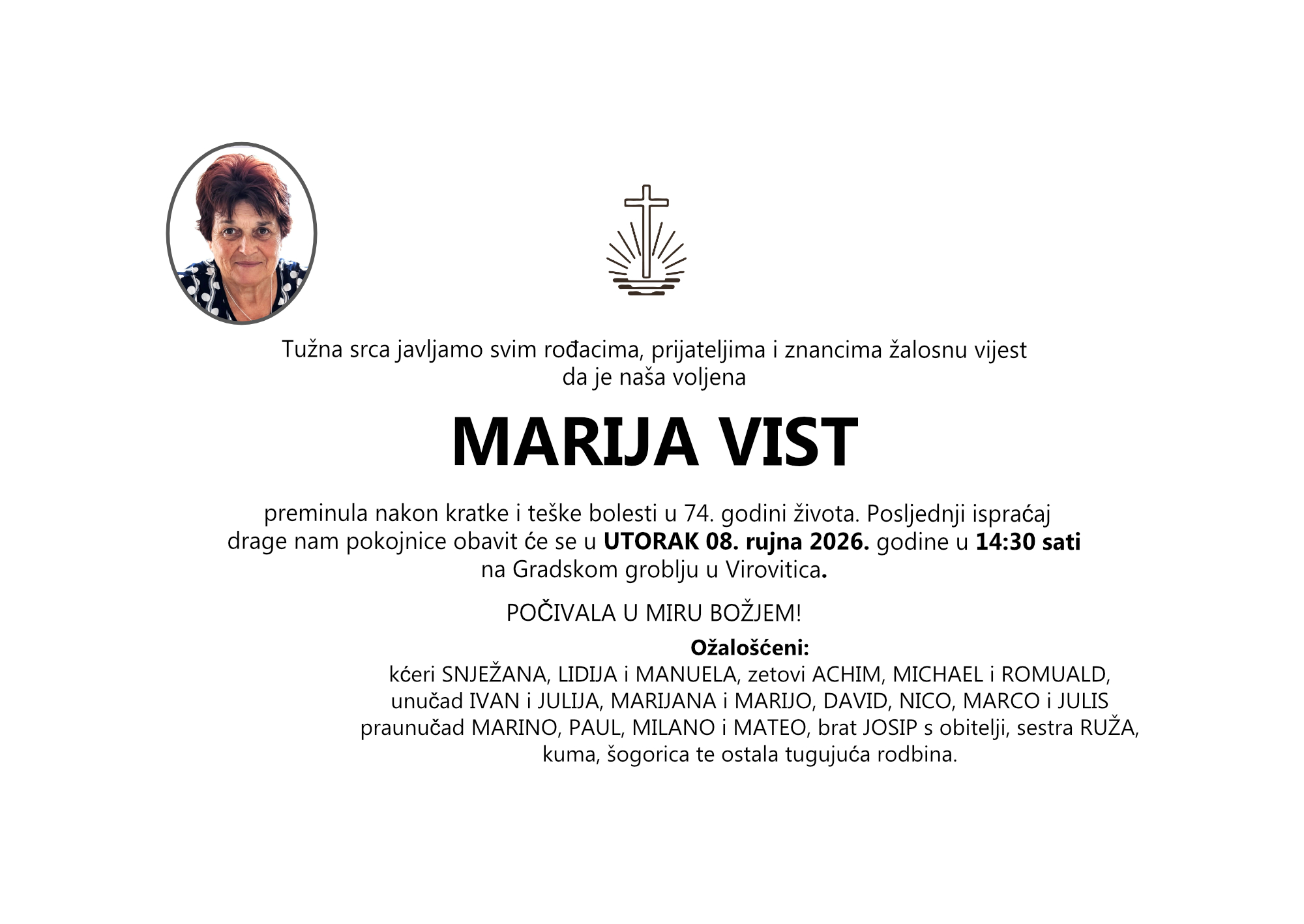 MARIJA VIST, utorak 08.09.2026. god u 14:30 h, VIROVITICA