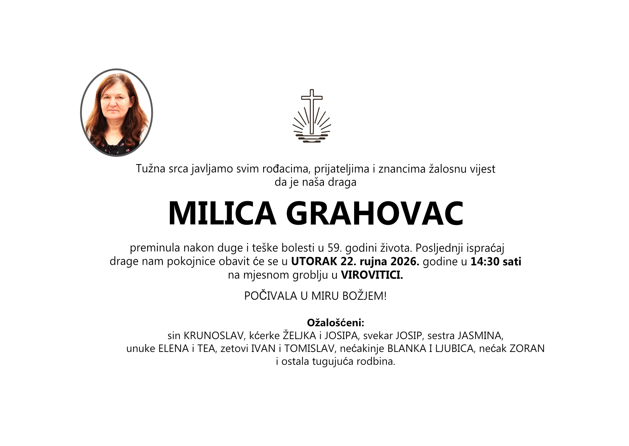 MILICA GRAHOVAC, utorak 22.09.2026 god. u 14:30 h Virovitica