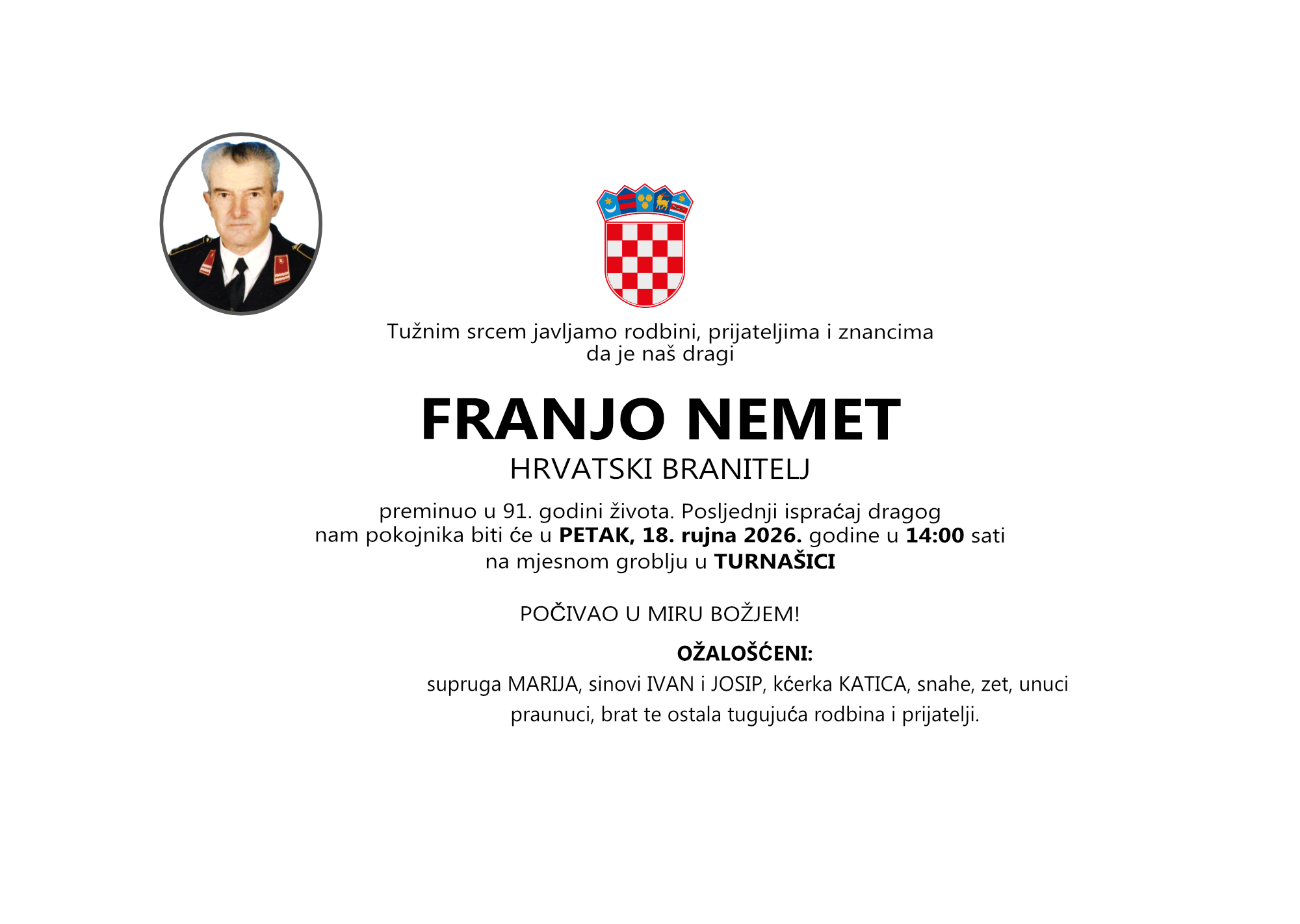 FRANJO NEMET, petak 18.09.2026. god u 14:00 h, Turnašica