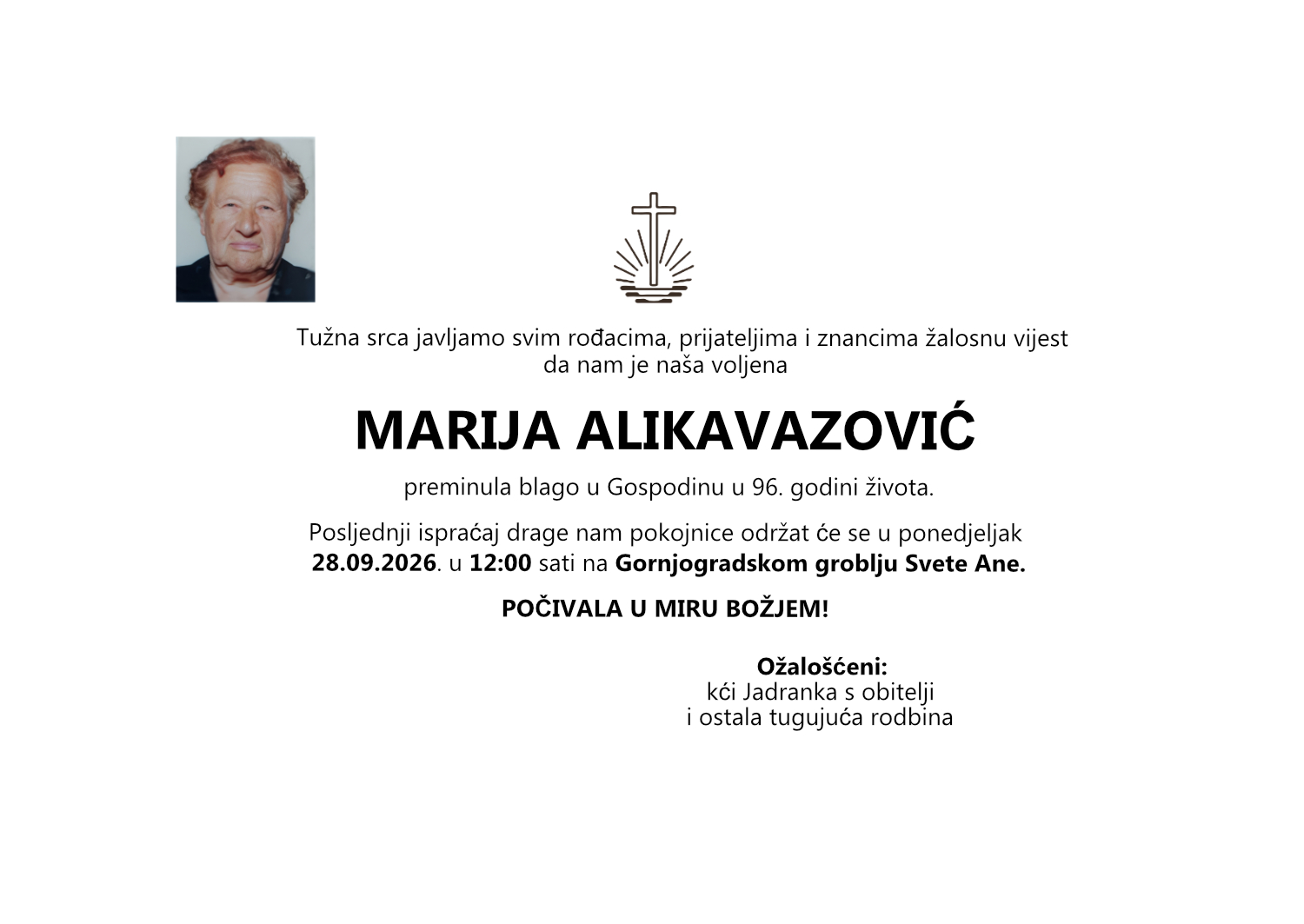 Marija Alikavazović, ponedjeljak 28.09.2026. u 12:00 sati, Gornjogradsko groblje Svete Ane